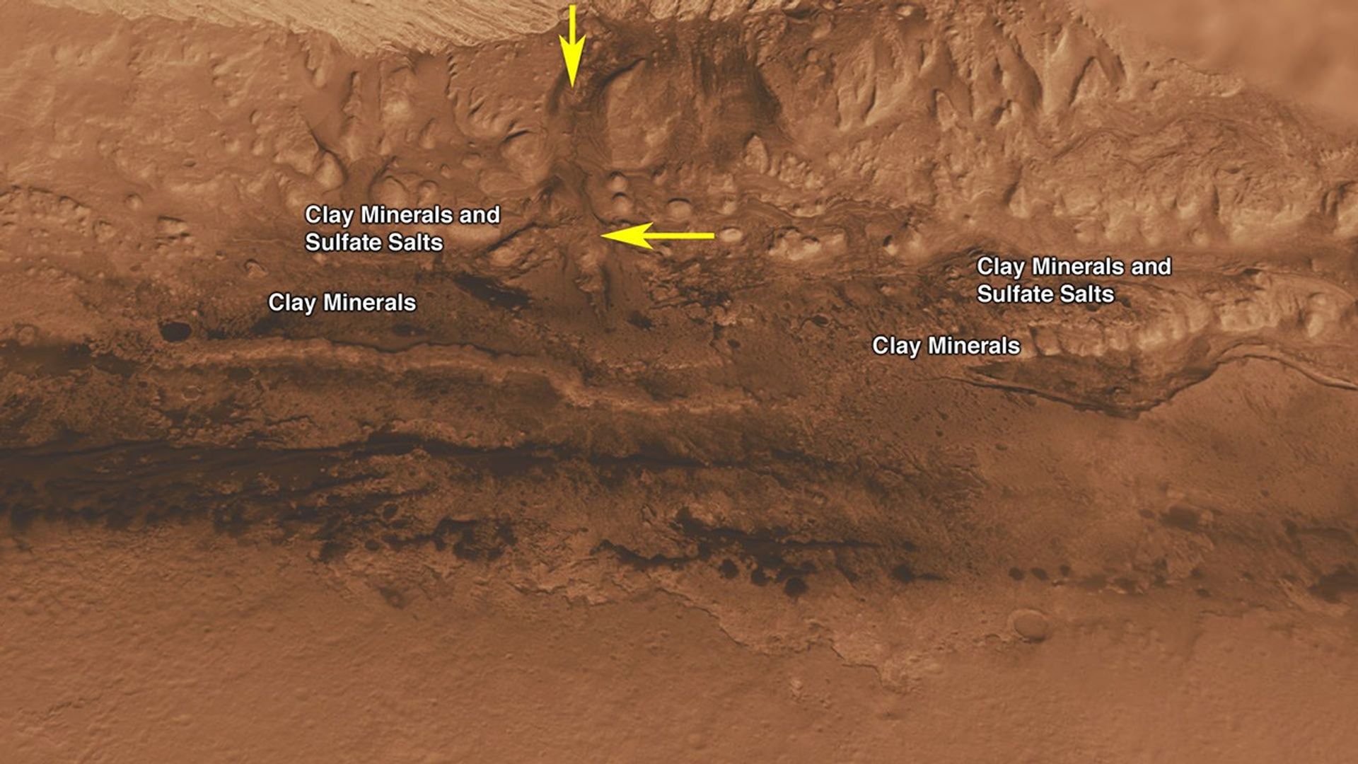 This oblique view of Gale crater shows the landing site and the mound of layered rocks that NASA's Mars Science Laboratory will investigate. The landing site is in the smooth area in front of the mound.