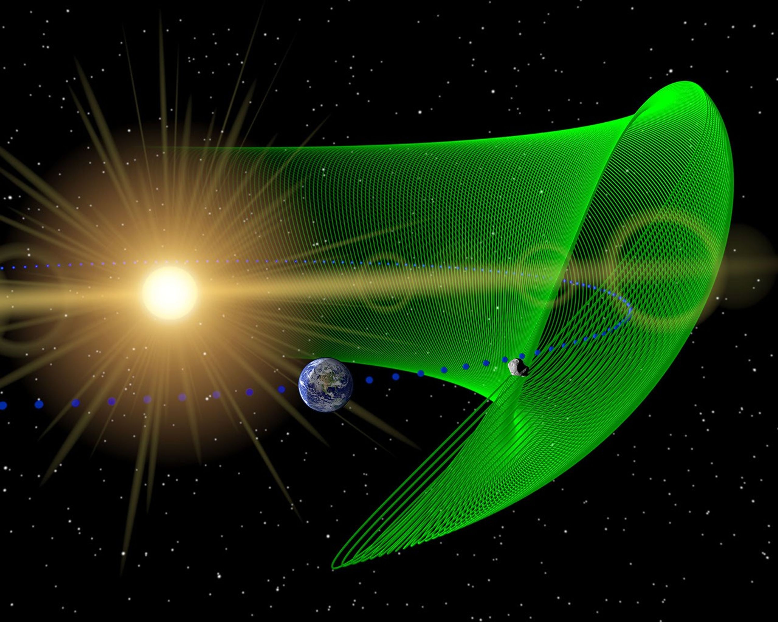This artist's concept illustrates the first known Earth Trojan asteroid, discovered by NEOWISE, the asteroid-hunting portion of NASA's WISE mission. The asteroid is shown in gray and its extreme orbit is shown in green. Objects are not drawn to scale.
