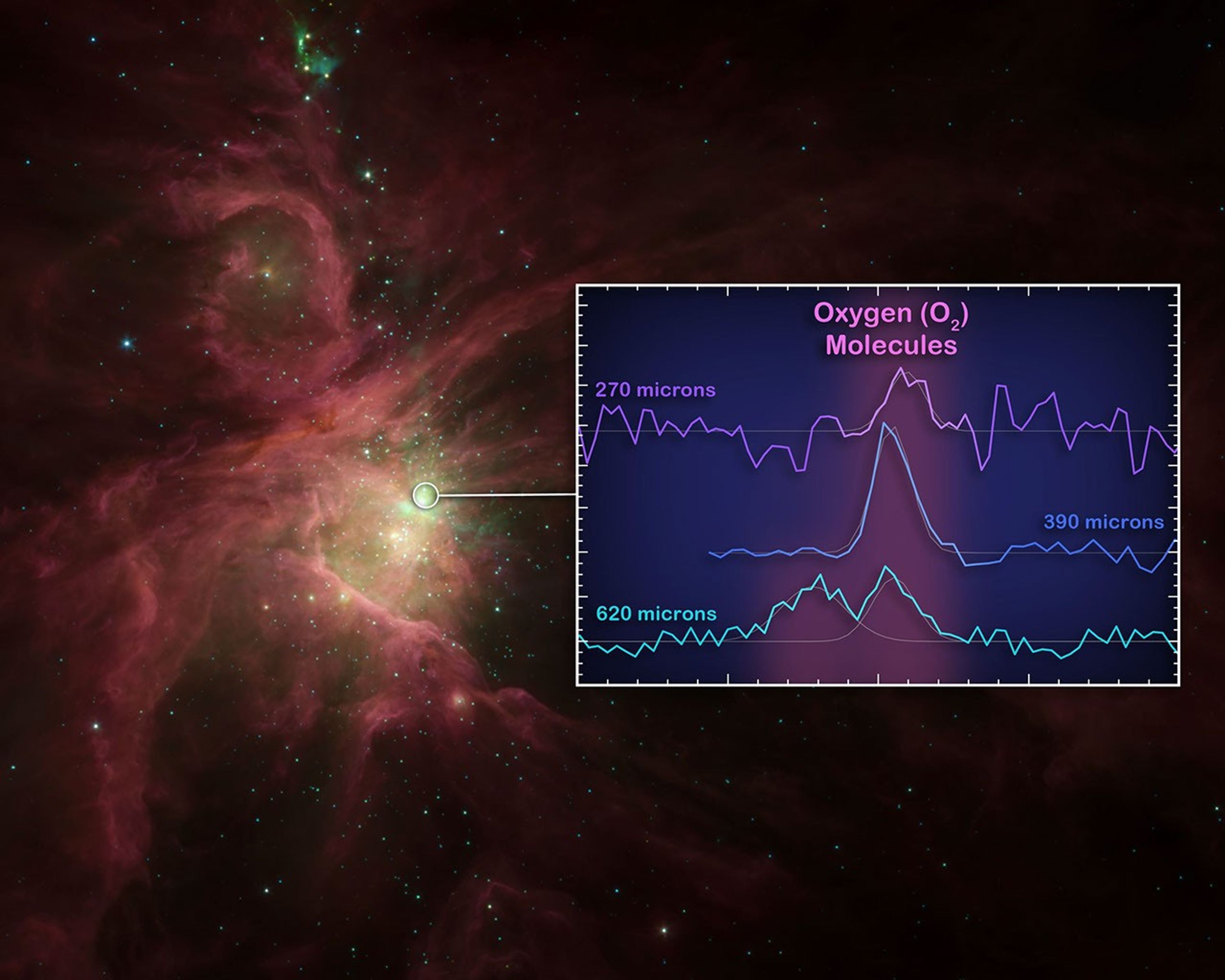 This graphic illustrates where astronomers at last found oxygen molecules in space -- near the star-forming core of the Orion nebula. The squiggly lines, or spectra, reveal the signatures of oxygen molecules, detected by ESA's Hershel Space Observatory.