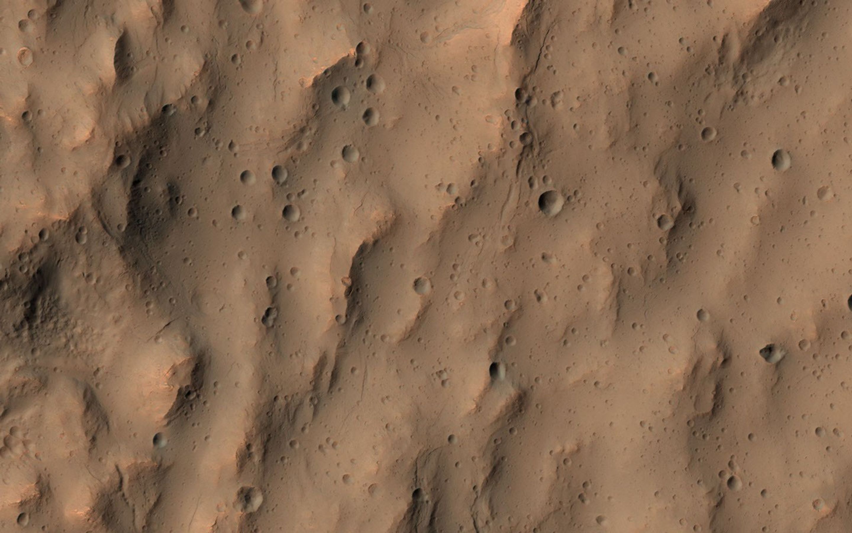 This image of a southern mid-latitude crater was intended to investigate the lineated material on the crater floor. NASA's Mars Reconnaissance Orbiter reveals a landscape peppered by small impact craters.