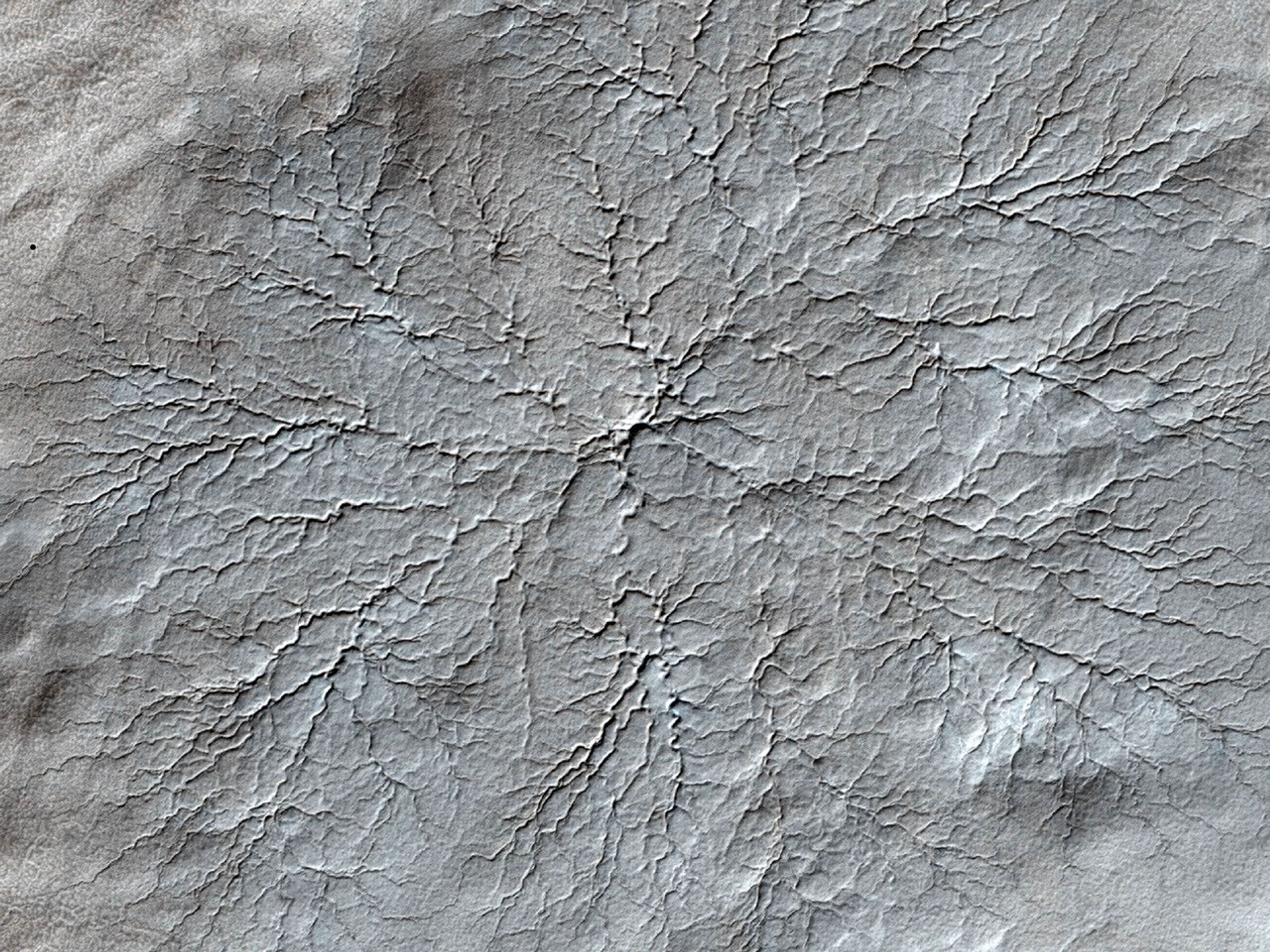 This image from NASA's Mars Reconnaissance Orbiter shows erosional features formed by seasonal frost near the south pole of Mars. During the winter, high latitudes on Mars build up deposits of carbon dioxide frost that can be several feet thick.