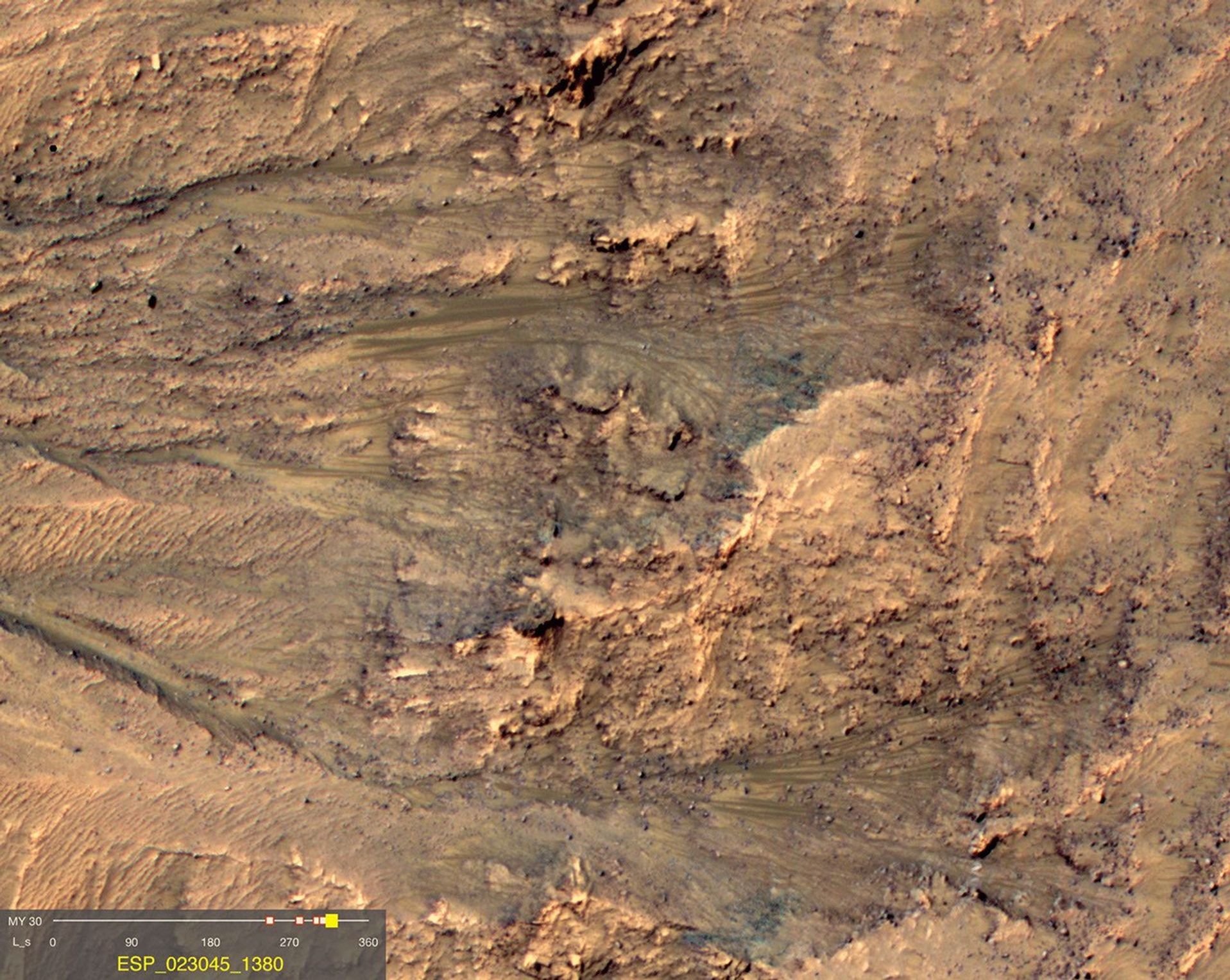 This image comes from observations of Newton crater by the HiRISE camera onboard NASA's Mars Reconnaissance Orbiter. The features that extend down the slope during warm seasons are called recurring slope lineae.
