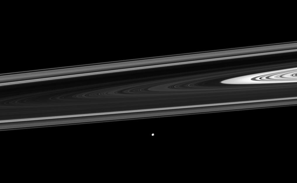NASA's Cassini spacecraft watches Saturn's small moon Epimetheus orbiting beyond the planet's rings. Epimetheus orbits beyond the thin F ring near the bottom center of this view.