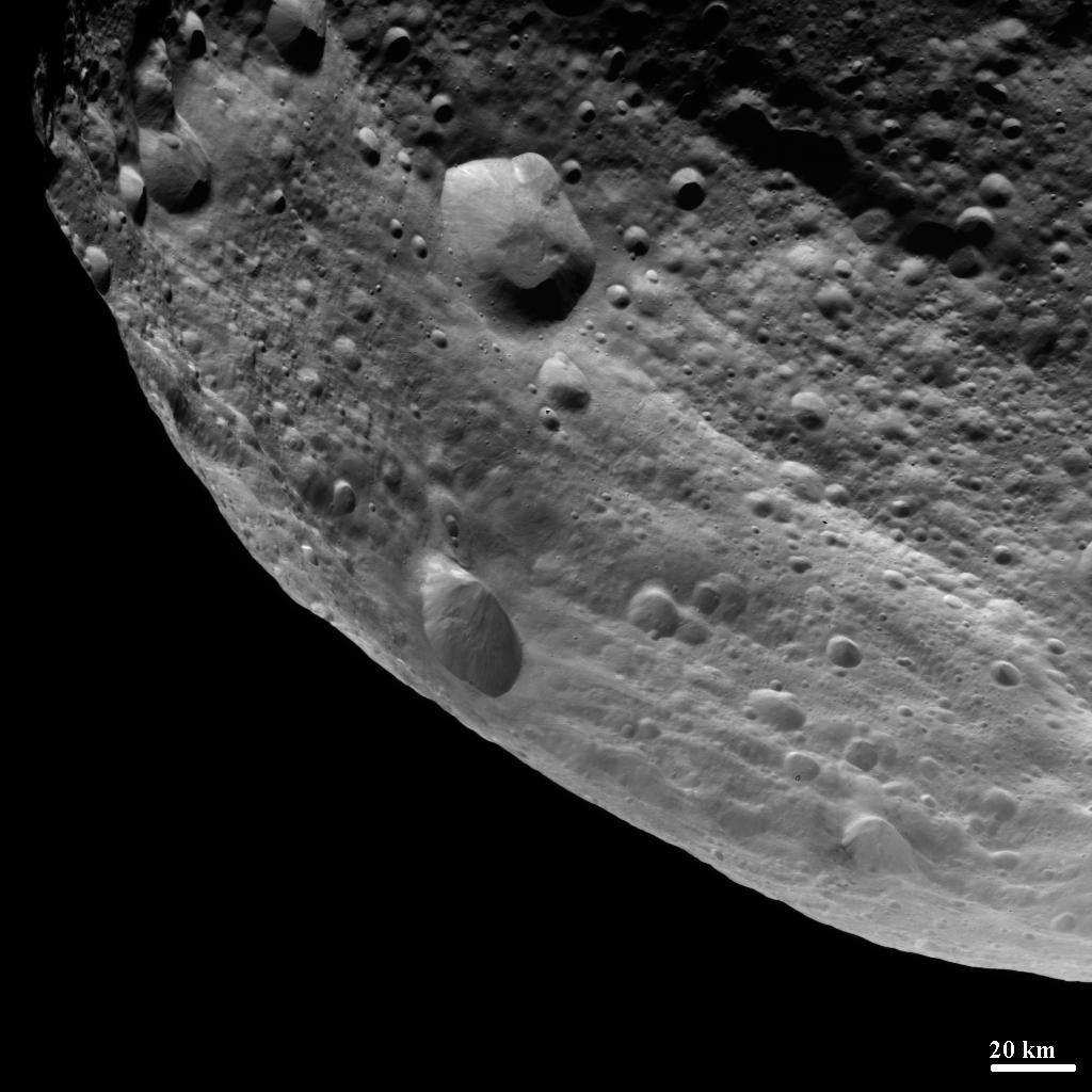 NASA's Dawn spacecraft obtained this image of the surface of asteroid Vesta with its framing camera on August 11, 2011. It was taken through the camera's clear filter. The image has a resolution of about 260 meters per pixel.