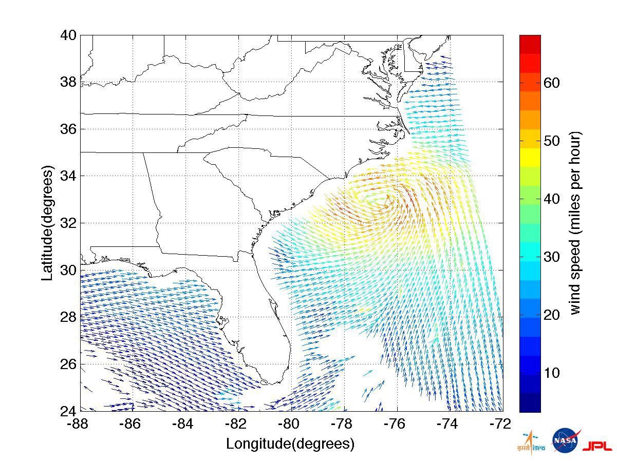 This ISRO-NASA-JPL-Caltech collaborative image shows ocean wind vector data from ISRO's OceanSat 2 spacecraft of Hurricane Irene which made landfall early Saturday morning, Aug. 27, just west of Cape Lookout, NC.