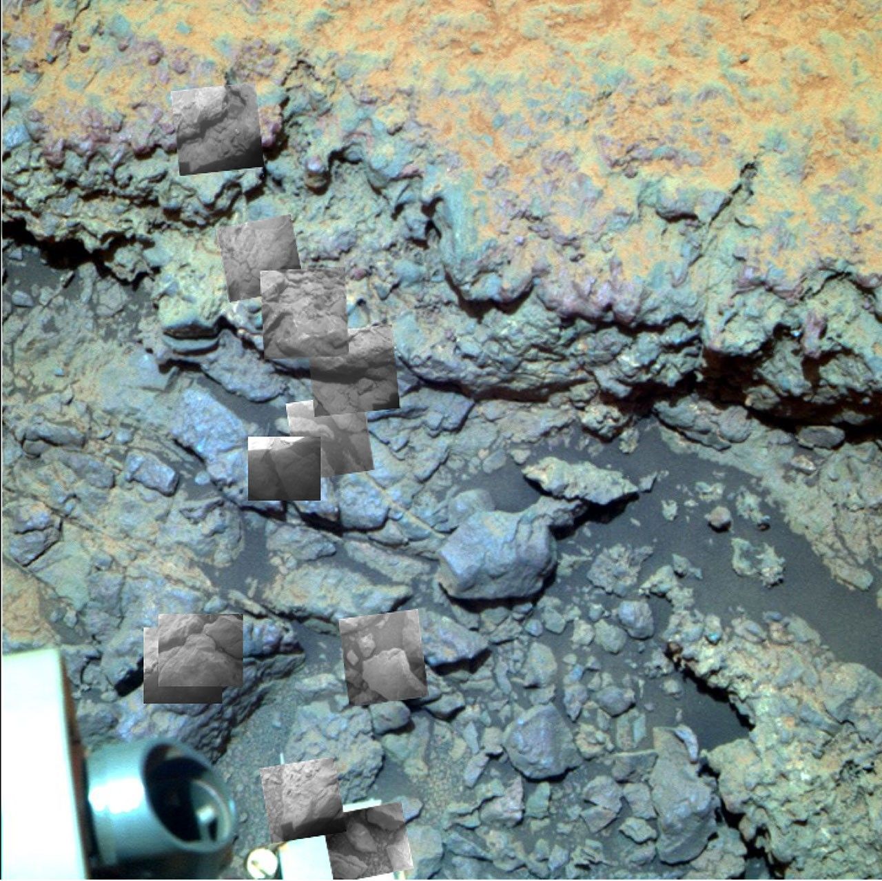 This image taken by the NASA's Mars rover Opportunity shows locations of the microscopic imager's observations on a rock informally named 'Tisdale 2.'