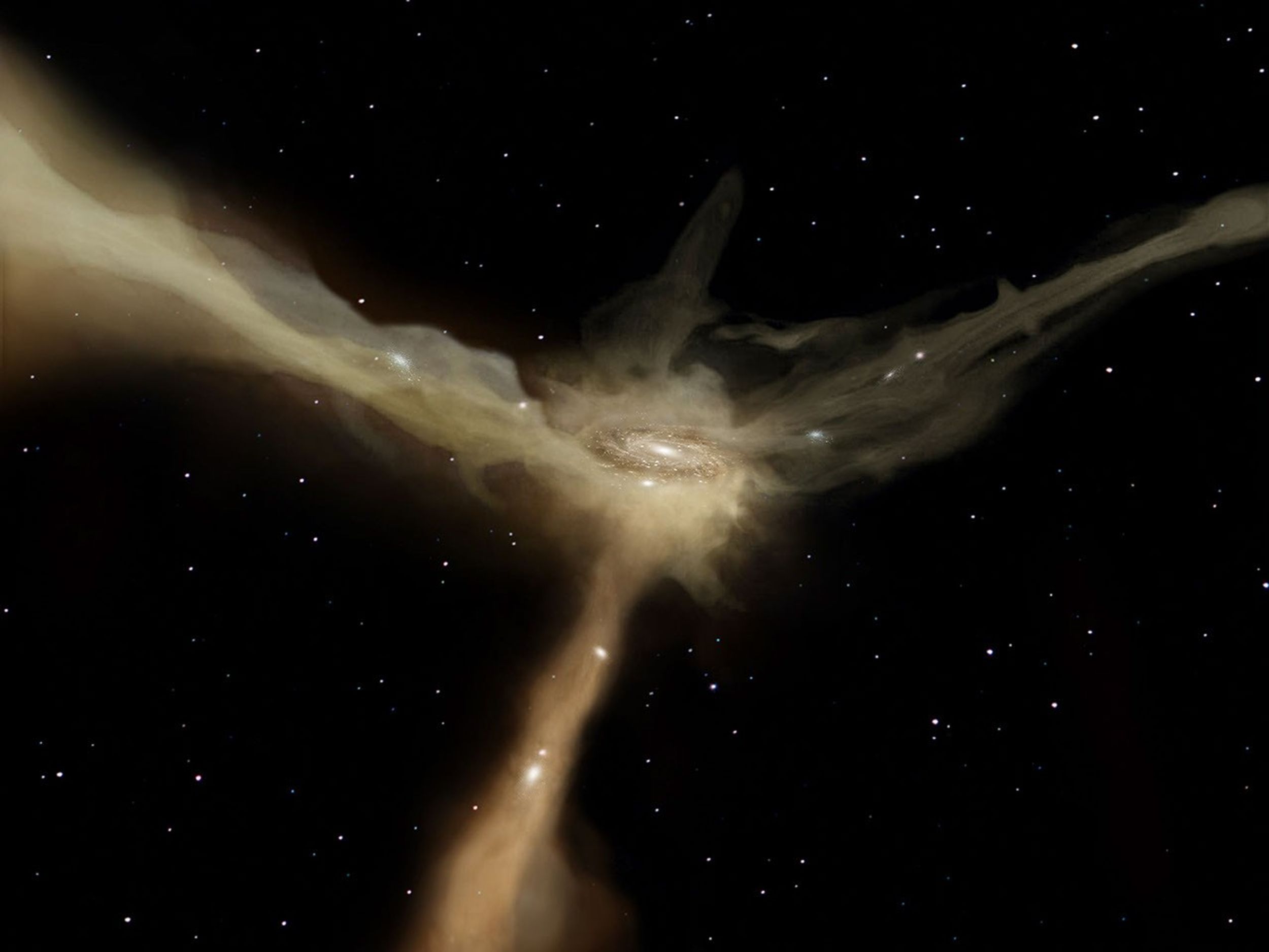 In this artist's conception based on data from ESA's Herschel observatory, a galaxy accretes mass from rapid, narrow streams of cold gas. These filaments provide the galaxy with continuous flows of raw material to feed its star-forming at a leisurely pace