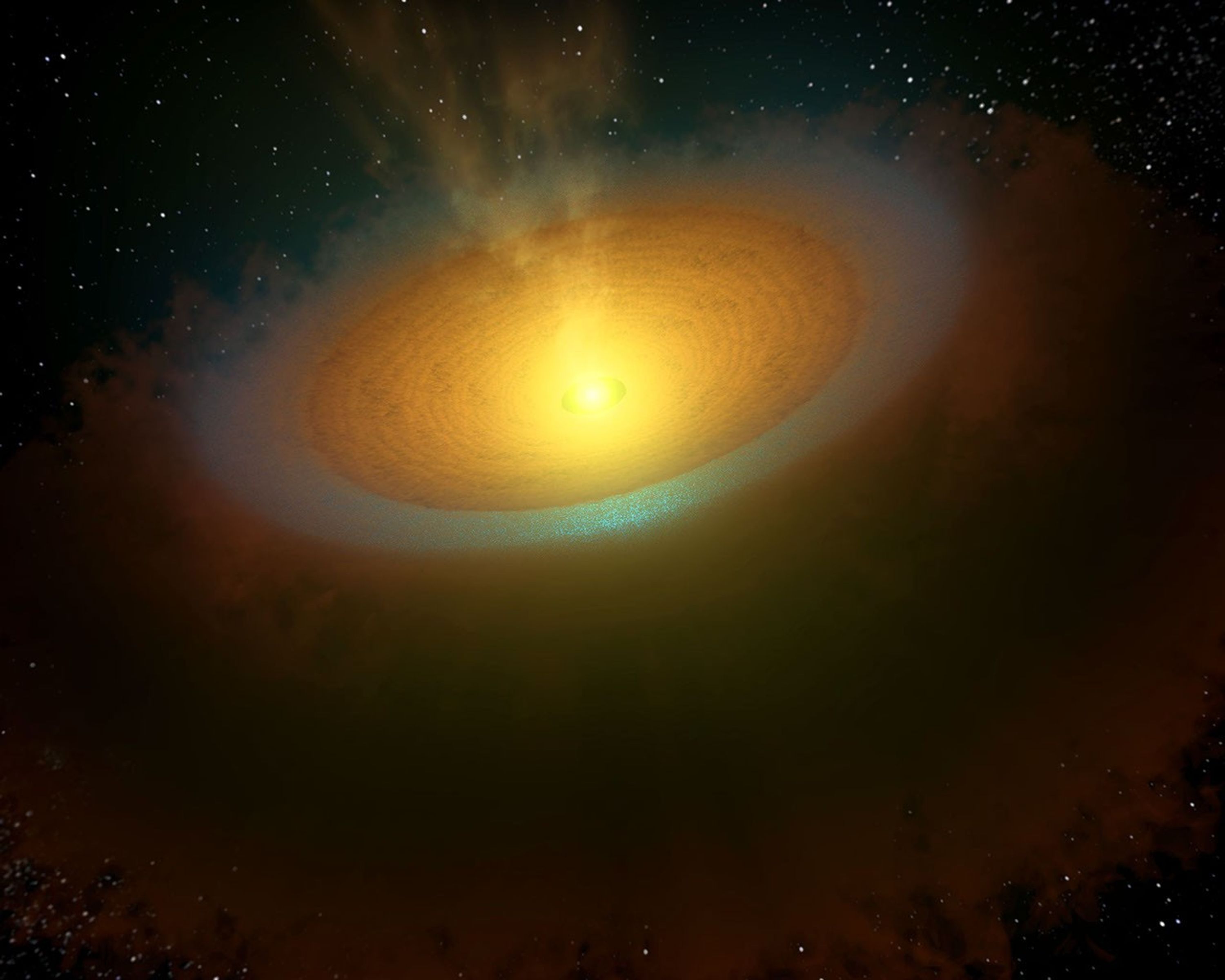 This artist's concept, based on data from NASA's Herschel telescope, illustrates an icy planet-forming disk around a young star called TW Hydrae, located about 175 light-years away in the Hydra, or Sea Serpent, constellation.