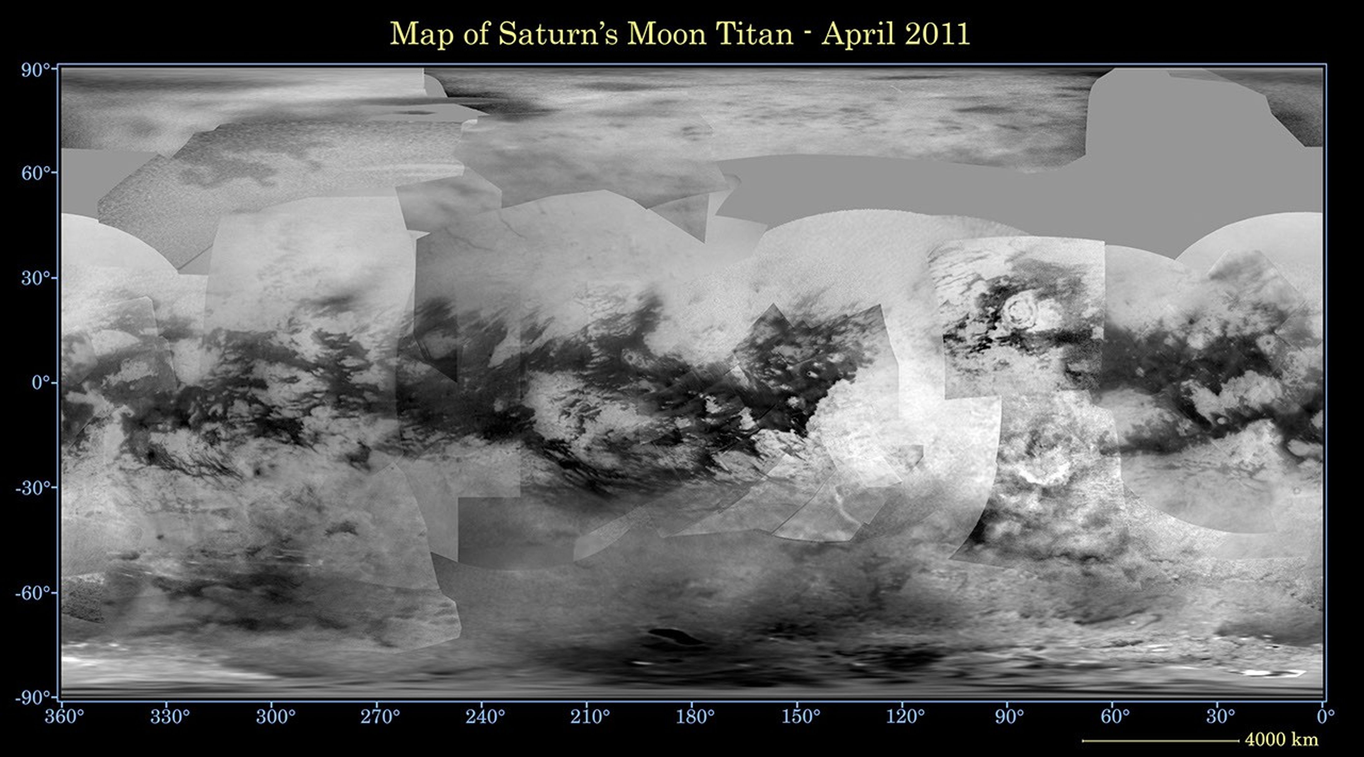 This global digital map of Saturn's moon Titan was created using images taken by NASA's Cassini spacecraft's imaging science subsystem (ISS). Because of the scattering of light by Titan's dense atmosphere, no topographic shading is visible here.