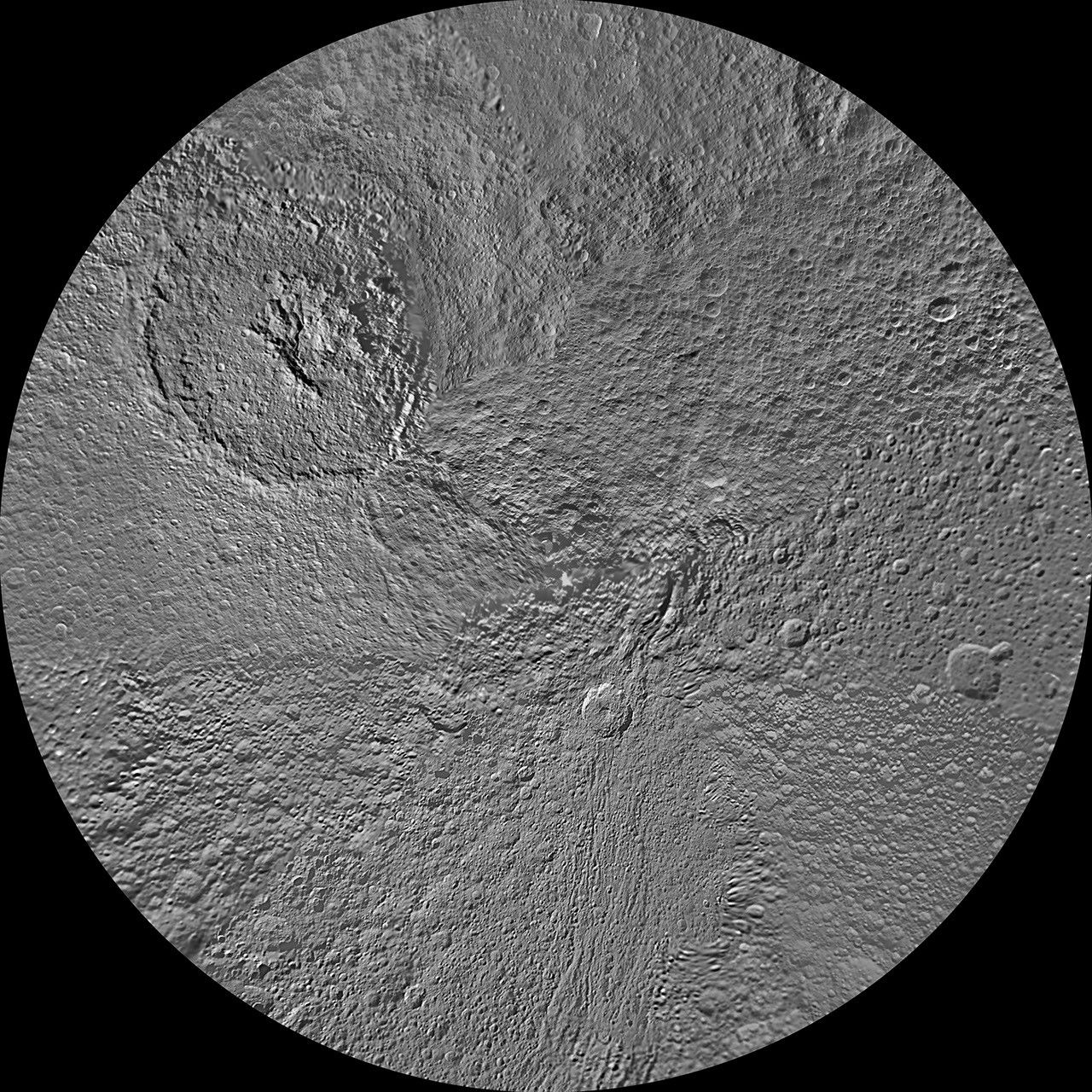 The northern hemisphere of Tethys is seen in this polar stereographic map, mosaicked from the best-available images from NASA's Cassini spacecraft.