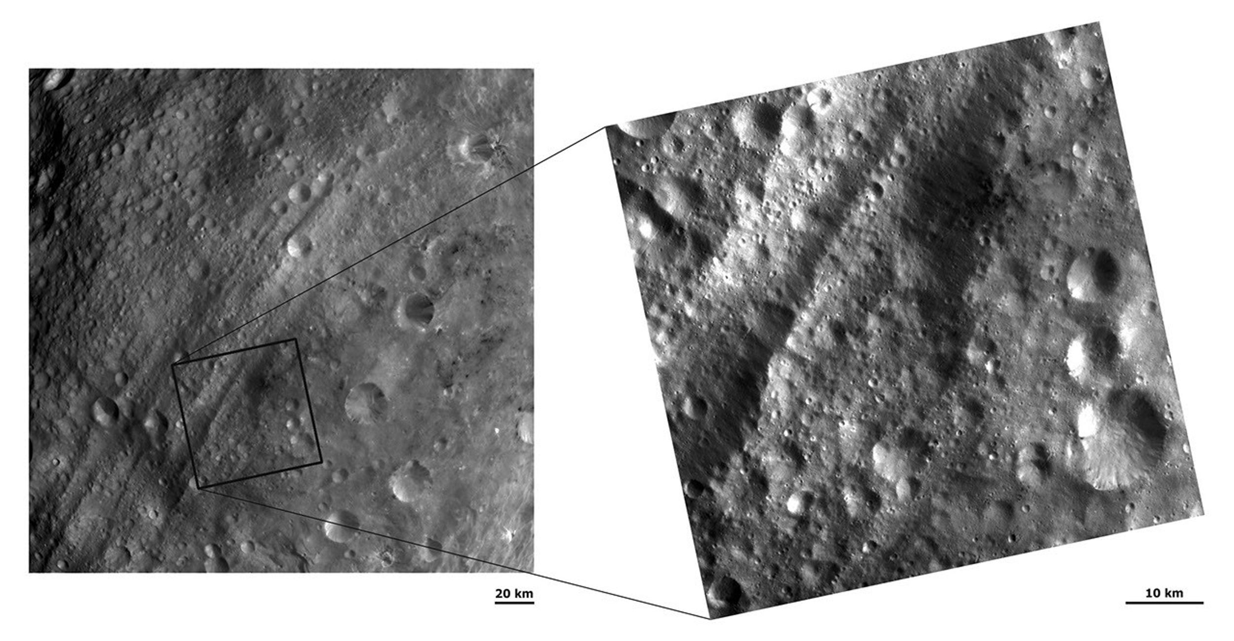 These images from NASA's Dawn spacecraft shows a region around the asteroid Vesta's equatorial troughs with two different resolutions. More details are visible in the right-hand image such as small linear grooves running roughly parallel to the troughs.