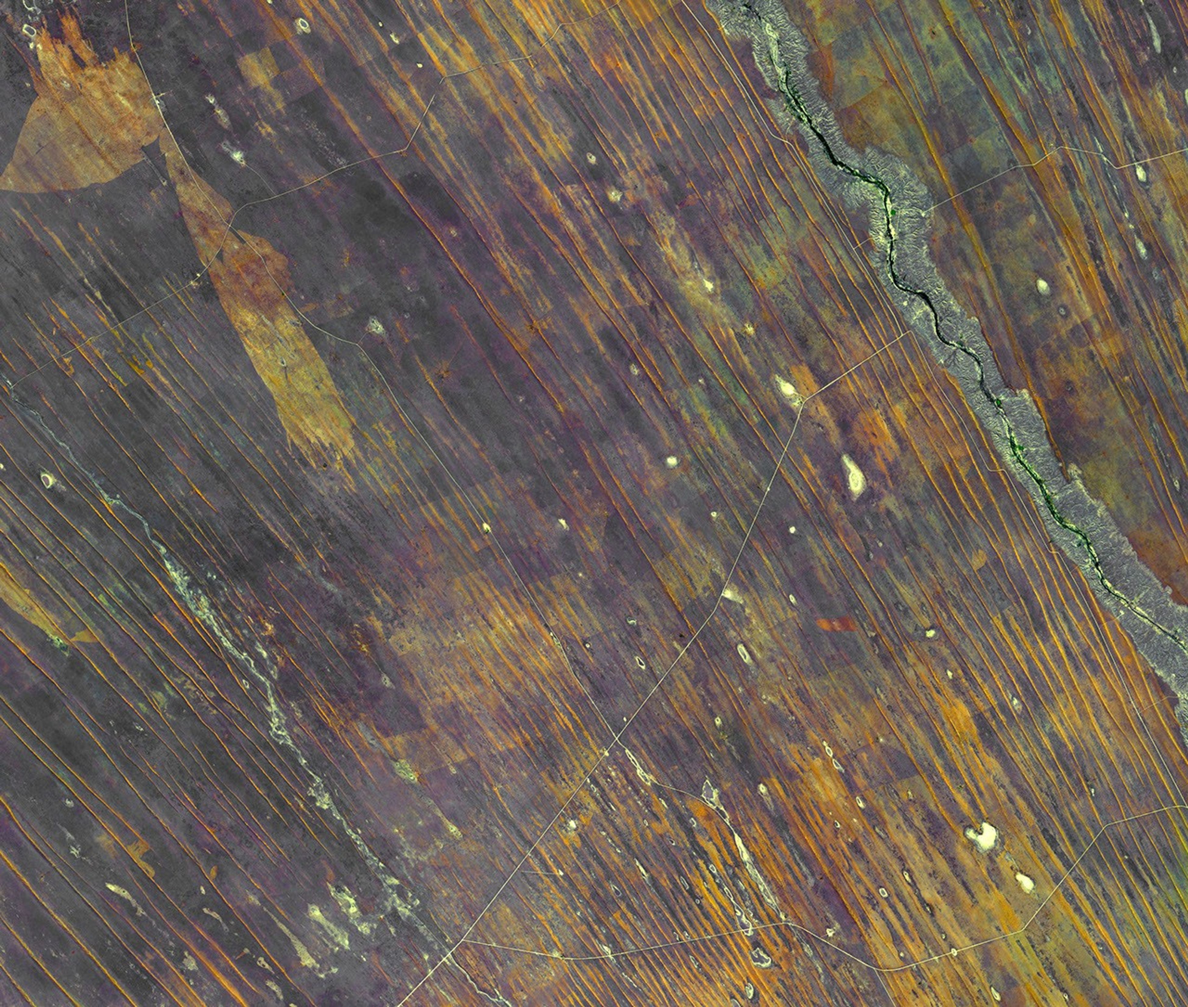 This image from NASA's Terra spacecraft shows Northern Namibia, known for its widespread bare and sinuous parallel dunes, most of them red.