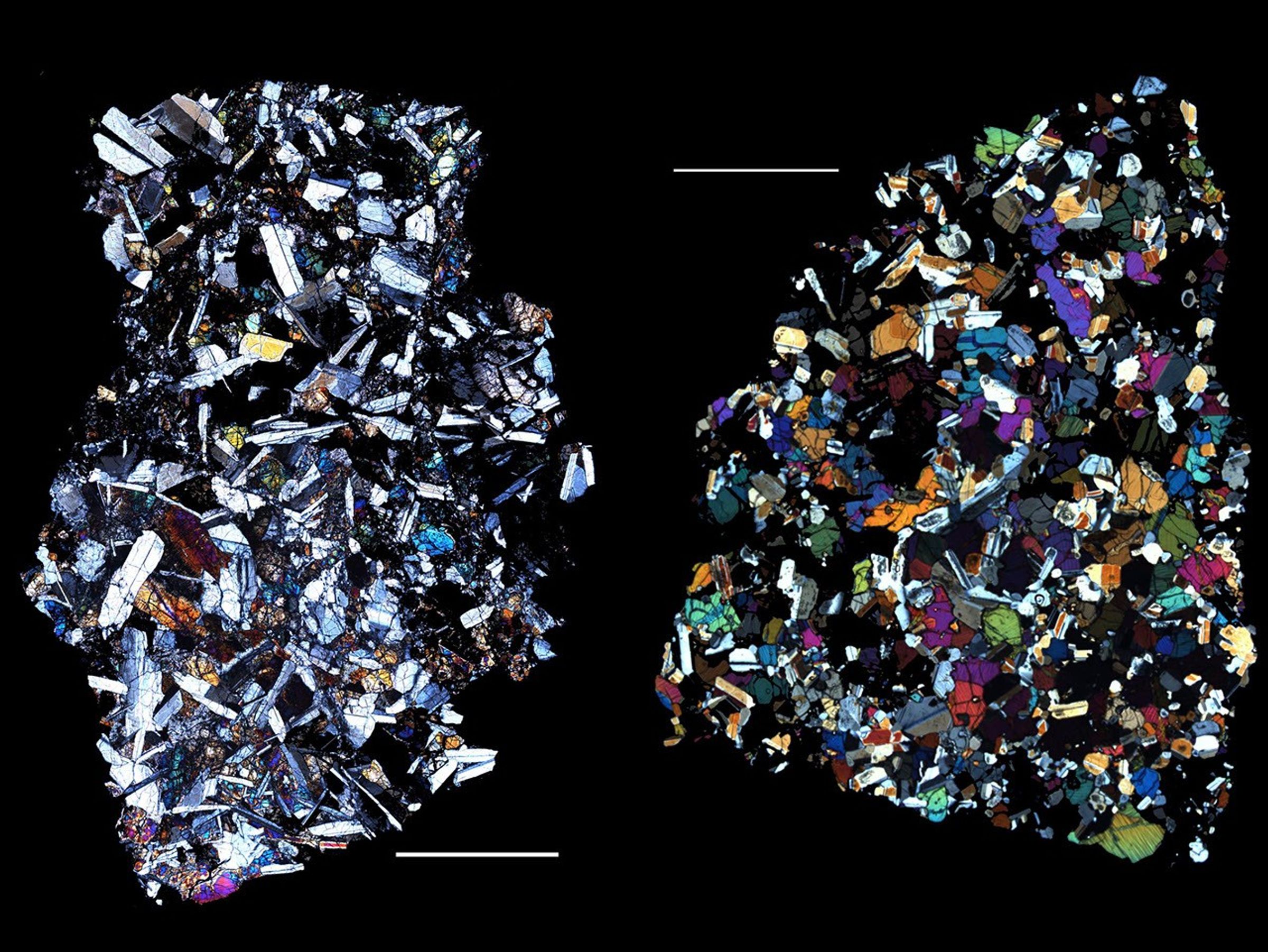 These images are of HED (howardite, eucrite and diogenite) meteorites, a large group of meteorites believed to originate from asteroid Vesta, a hypothesis that is consistent with current Dawn observations.