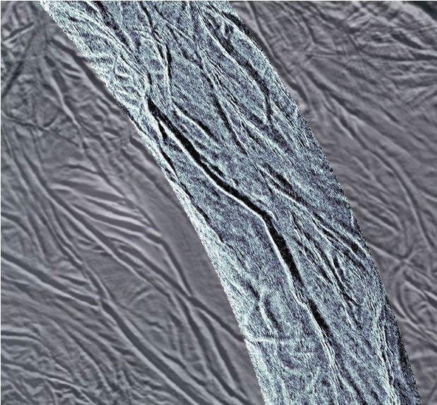 This image using synthetic-aperture radar (SAR) data acquired by NASA's Cassini spacecraft shows grooves in the southern part of Saturn's moon Enceladus.