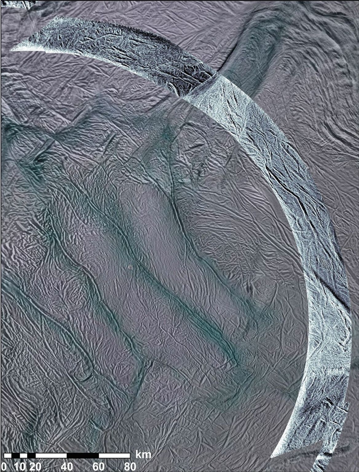 NASA's Cassini spacecraft obtained this view of the south polar area of Saturn's moon Enceladus in visible and near-visible (ultraviolet and infrared) light and synthetic-aperture radar (SAR).