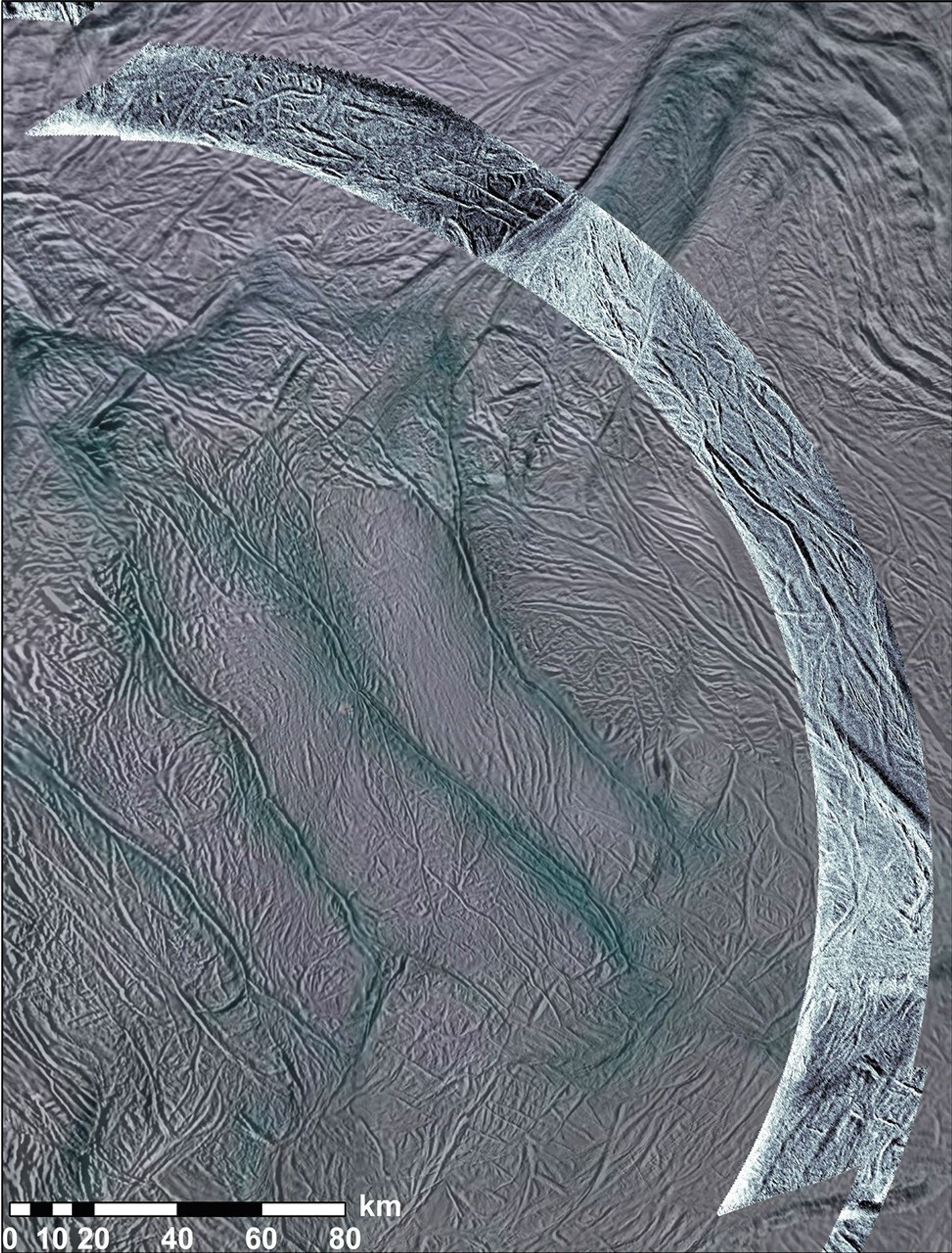 NASA's Cassini spacecraft obtained this view of the south polar area of Saturn's moon Enceladus in visible and near-visible (ultraviolet and infrared) light and synthetic-aperture radar (SAR).