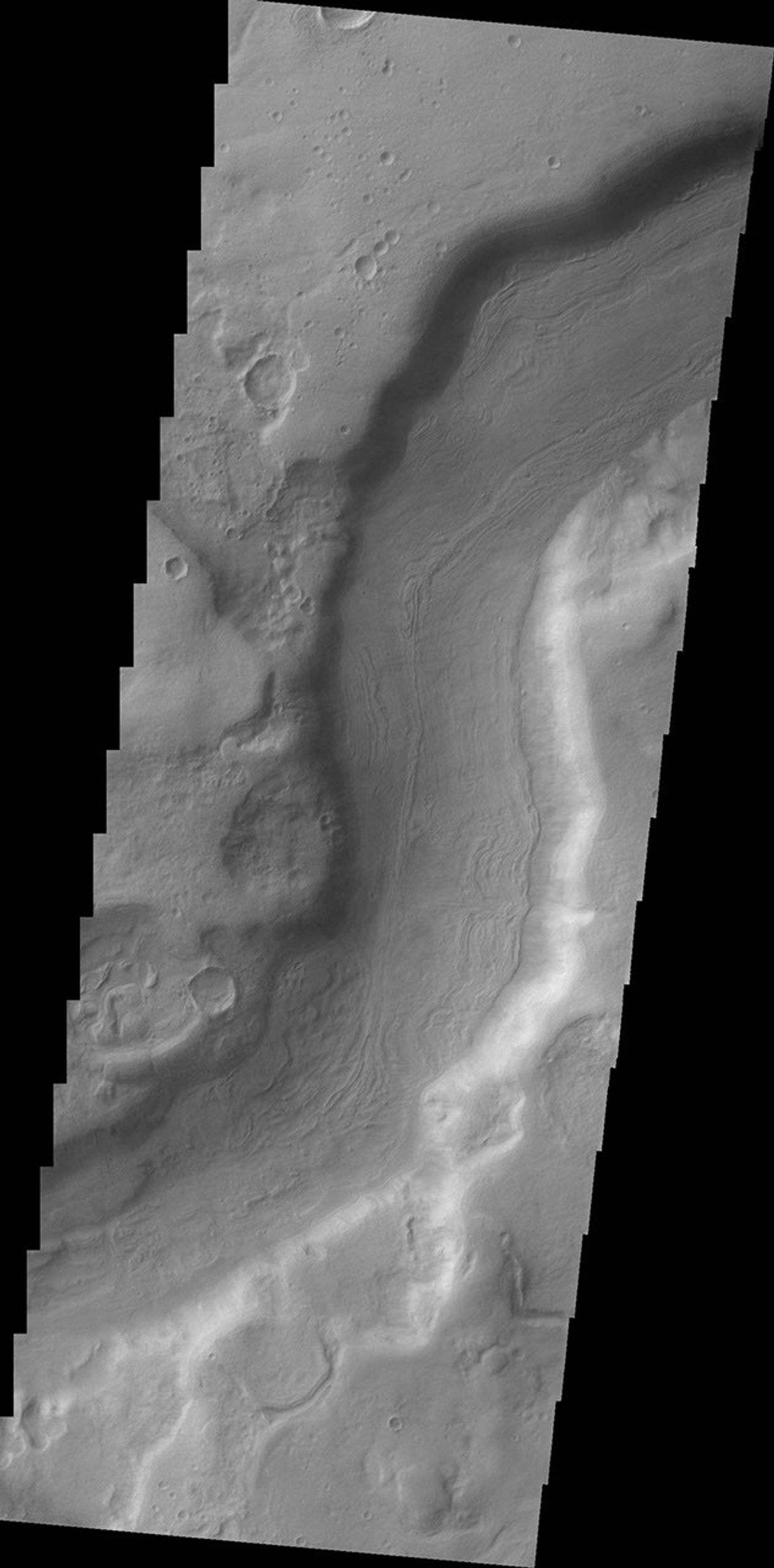 A small section of Dao Vallis in shown in this image from NASA's 2001 Mars Odyssey spacecraft. Dao Vallis is a major channel that drains into Hellas Planitia.