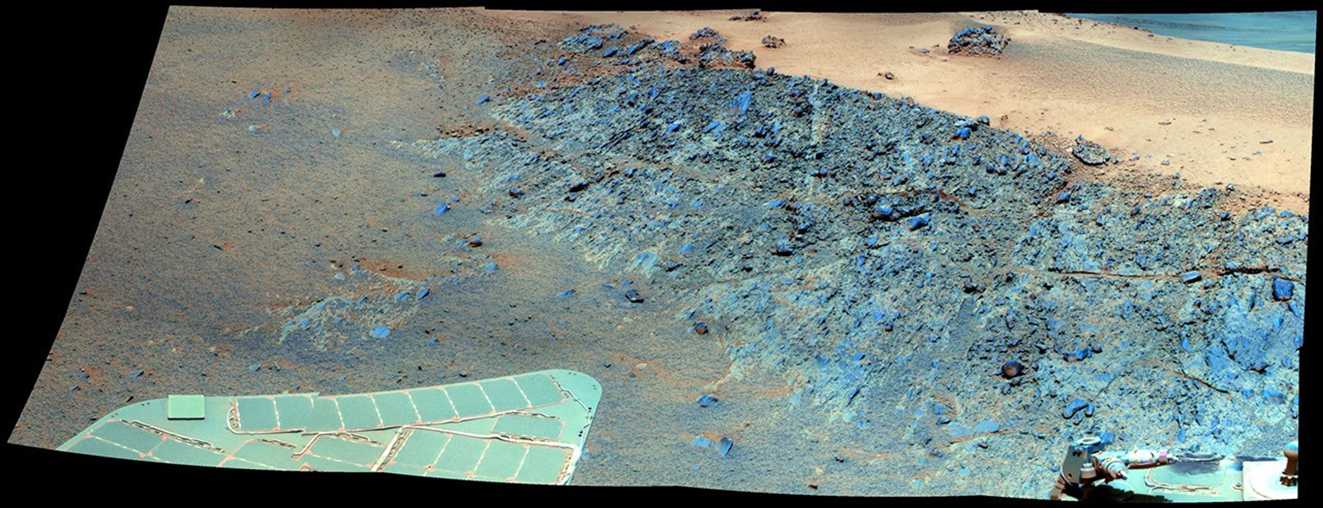 This false color mosaic from NASA's rover Opportunity shows a north-facing outcrop, informally named 'Greeley Haven.' This site optimizes Opportunity's solar energy as winter approaches.