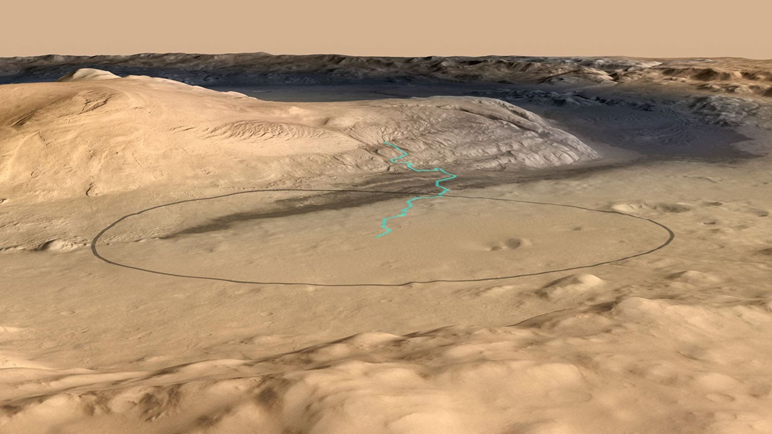 This image shows the target landing area for Curiosity, the rover of NASA's Mars Science Laboratory mission. The target, called 'Mount Sharp,' is near the foot of a mountain inside Gale Crater.