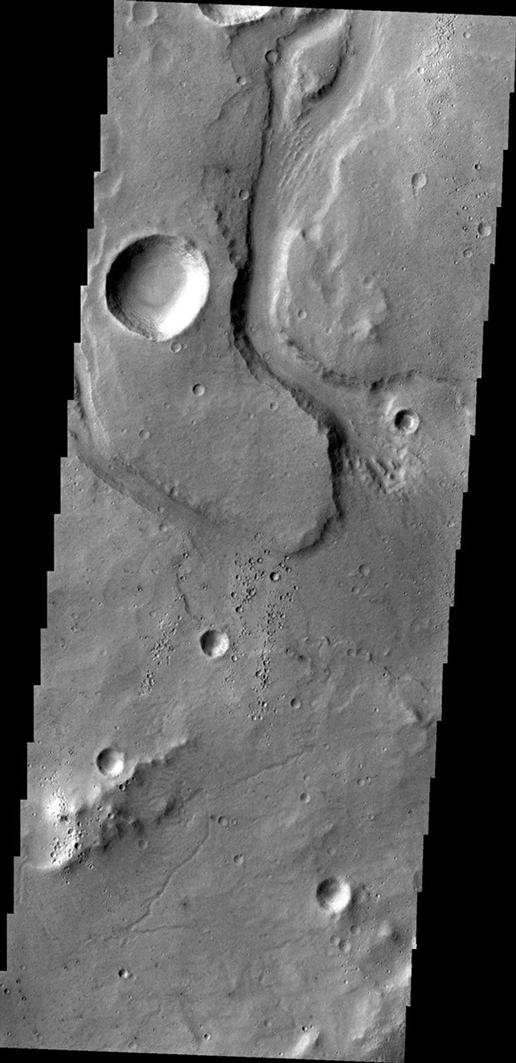 This image captured by NASA's 2001 Mars Odyssey spacecraft shows an unnamed channel on part of the highlands above Tiu Valles.