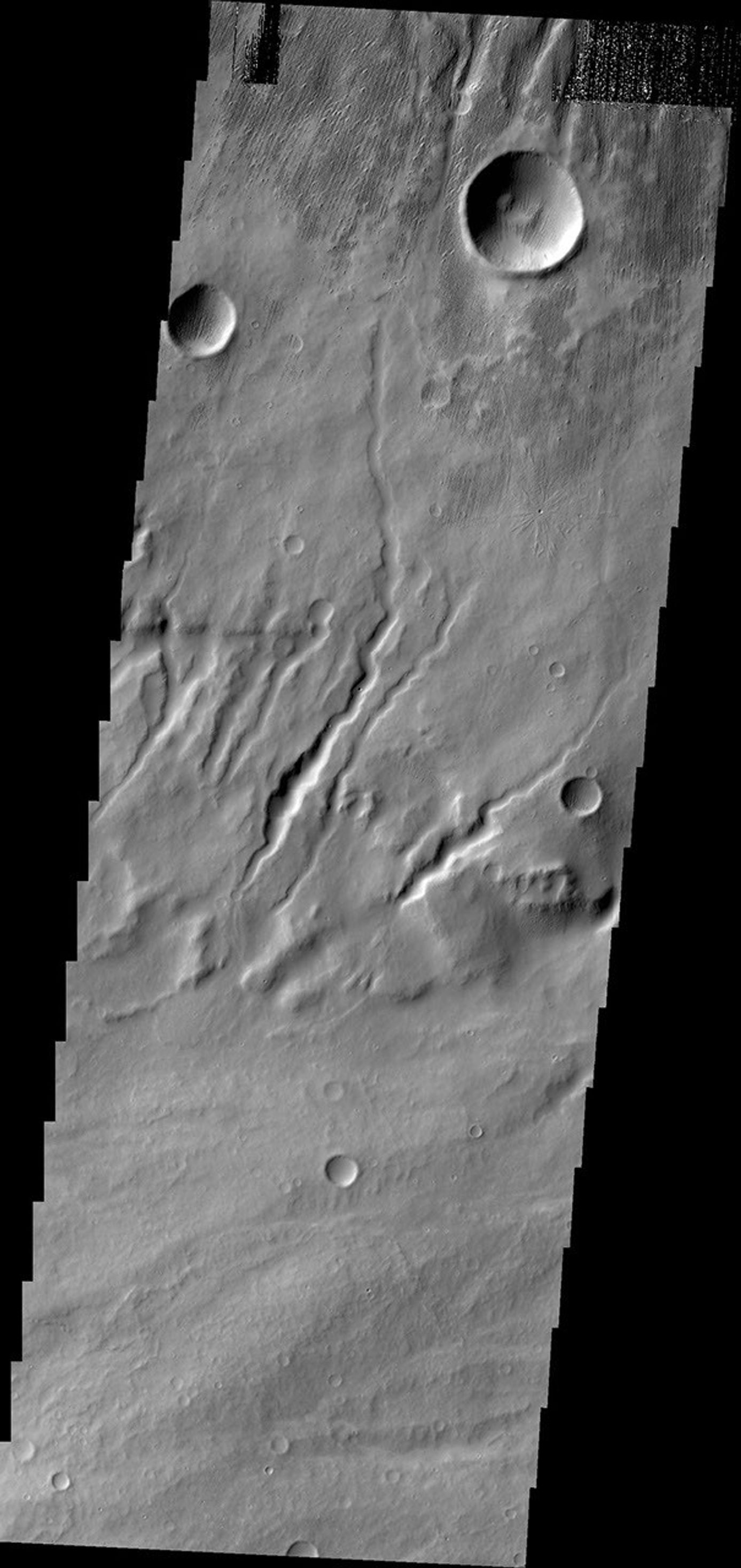 Channels are dissecting the flank of Apollinaris Mons in this image from NASA's 2001 Mars Odyssey spacecraft.