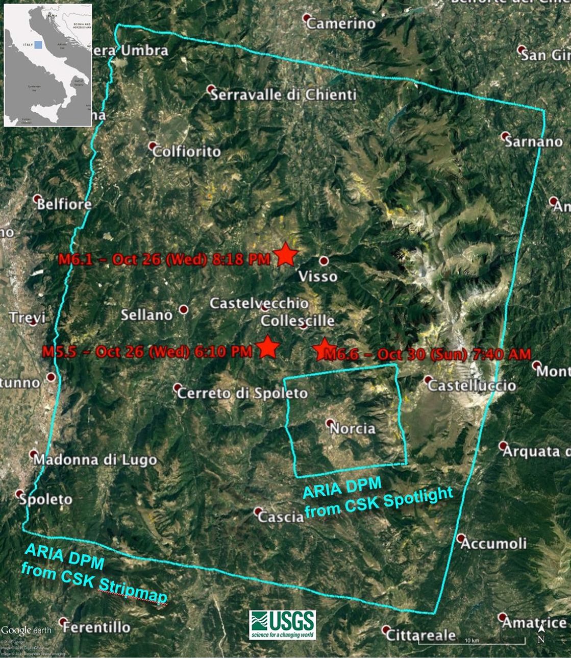 NASA's ARIA-acquired damage proxy map centered at Norica, Italy, where earthquakes occurred during Oct. 30-31, 2016.