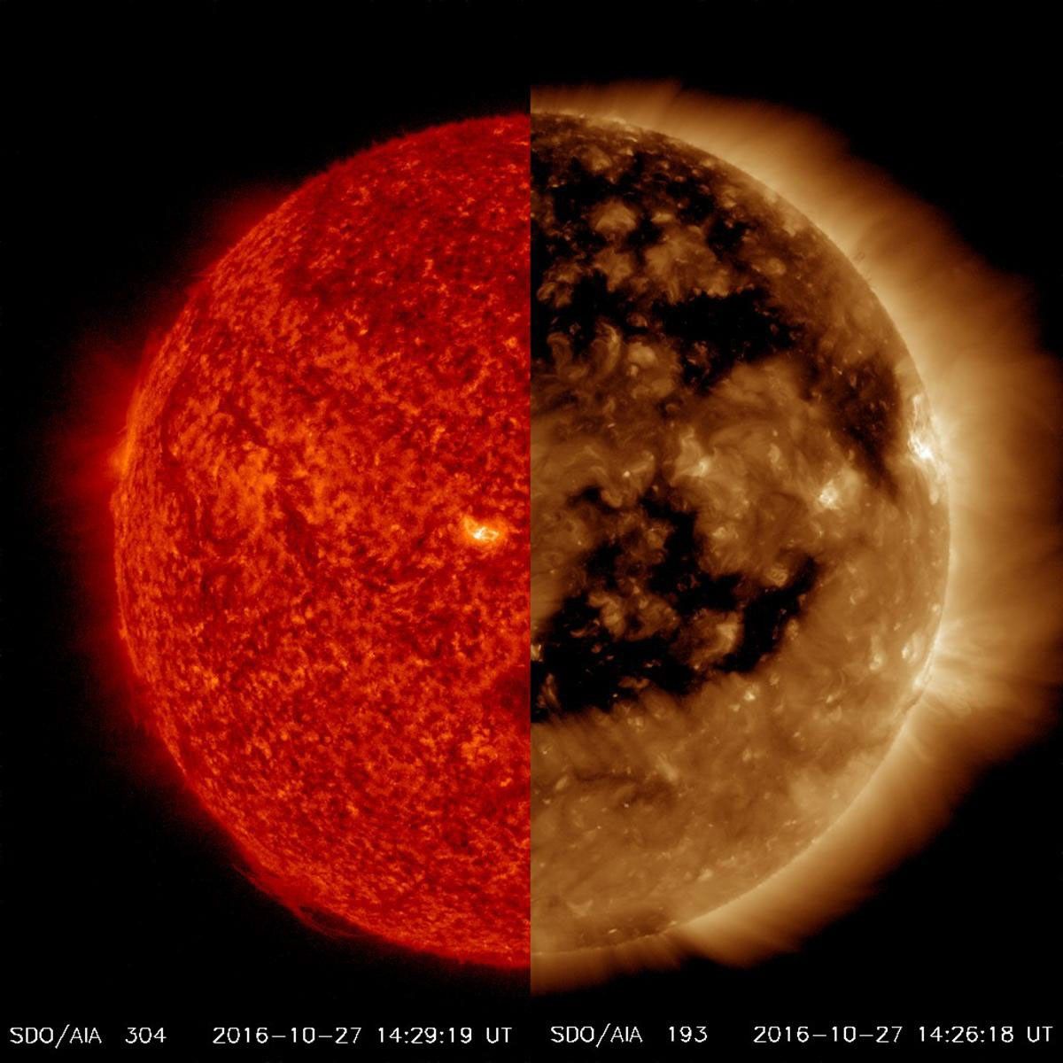 NASA's Solar Dynamics Observatory compares very large coronal holes taken Oct. 27, 2016. Coronal holes are areas of open magnetic field that carry solar wind out into space, currently causing a lot of geomagnetic activity here on Earth.
