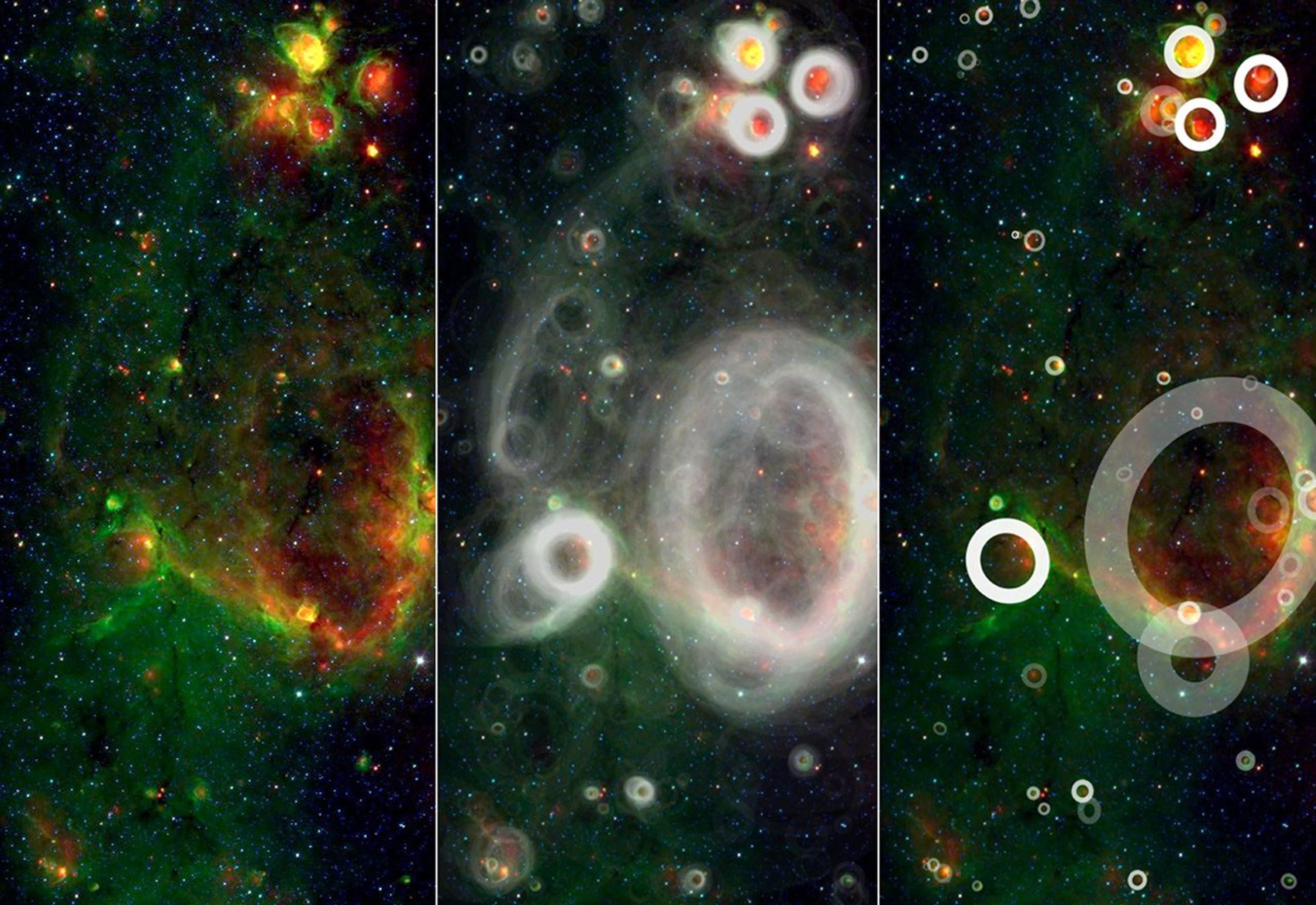 A team of volunteers from the general public has pored over observations from NASA's Spitzer Space Telescope and discovered more than 5,000 'bubbles' in the disk of our Milky Way galaxy.