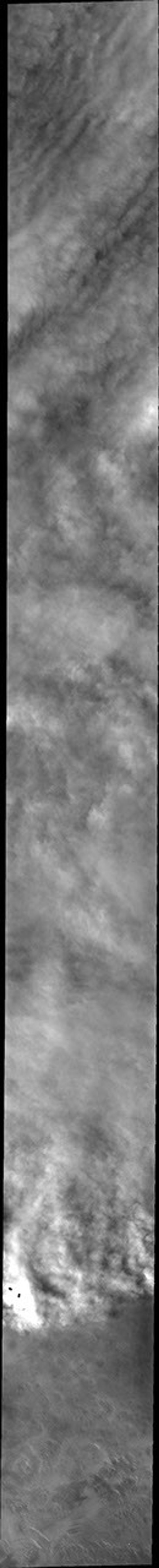 This image captured by NASA's 2001 Mars Odyssey spacecraft shows the edge of the clouds in a weather front in the northern latitudes.