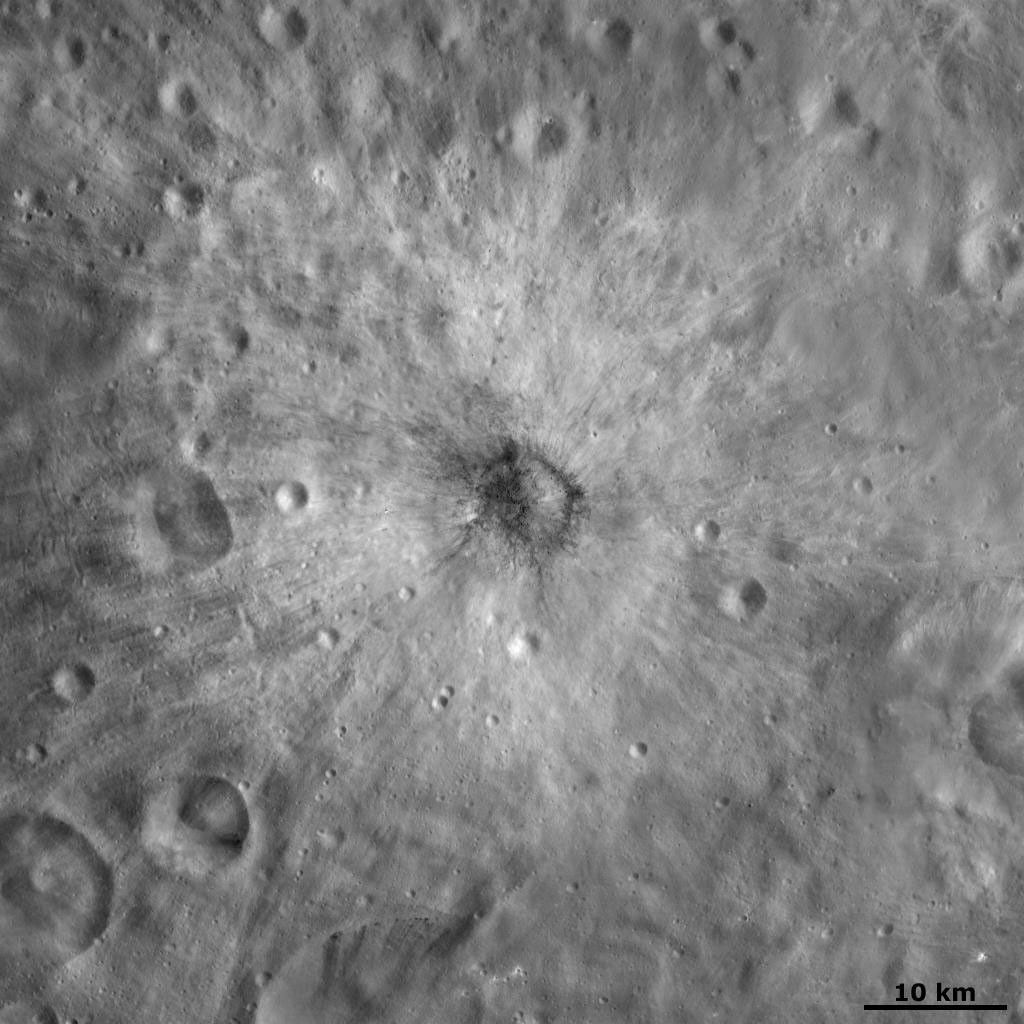 This image from NASA's Dawn spacecraft is centered on asteroid Vesta's Vibidia crater. There is a distinctive distribution of bright and dark material around Vibidia crater.