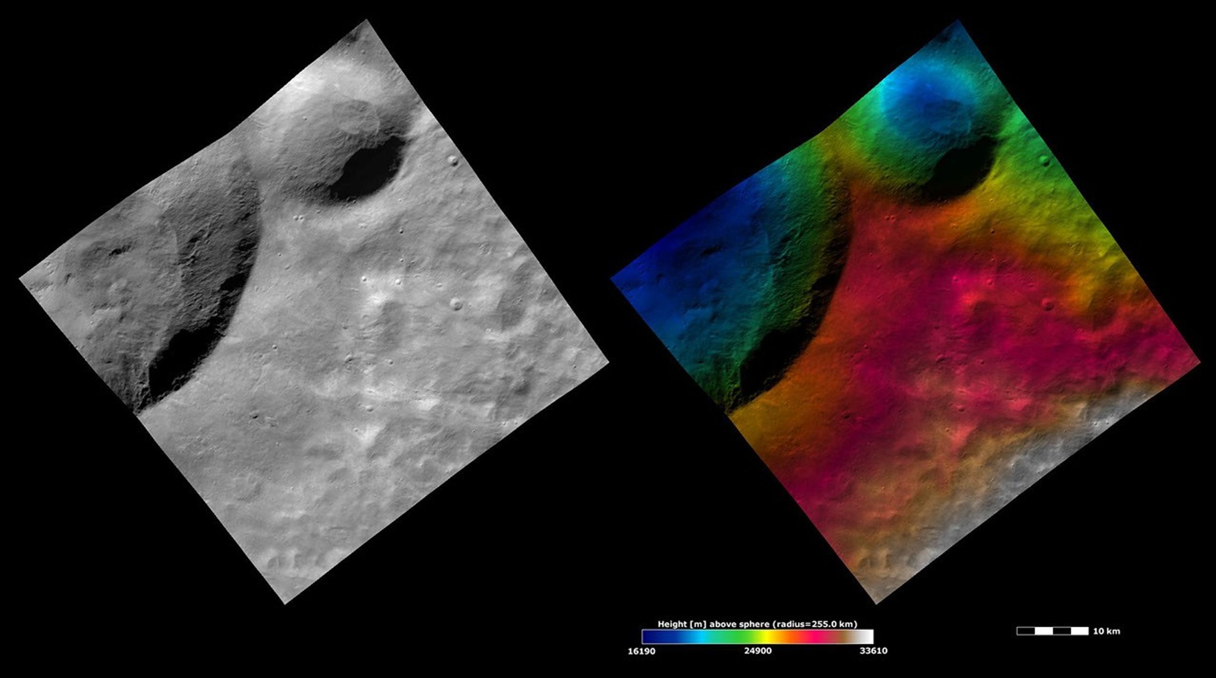 Located in the Marcia quadrangle, the left-hand image from NASA's Dawn spacecraft shows the apparent brightness of asteroid Vesta's surface. The right-hand image is based on this apparent brightness image.