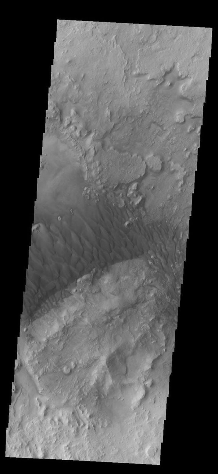 This complex set of dunes is located in an unnamed crater in Arabia Terra as seen by NASA's 2001 Mars Odyssey spacecraft.
