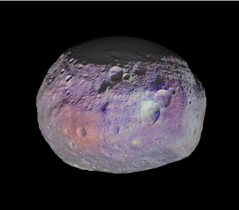 This image of asteroid Vesta is one of many images taken by NASA's Dawn spacecraft to create an animation showing the diversity of minerals through color representation.