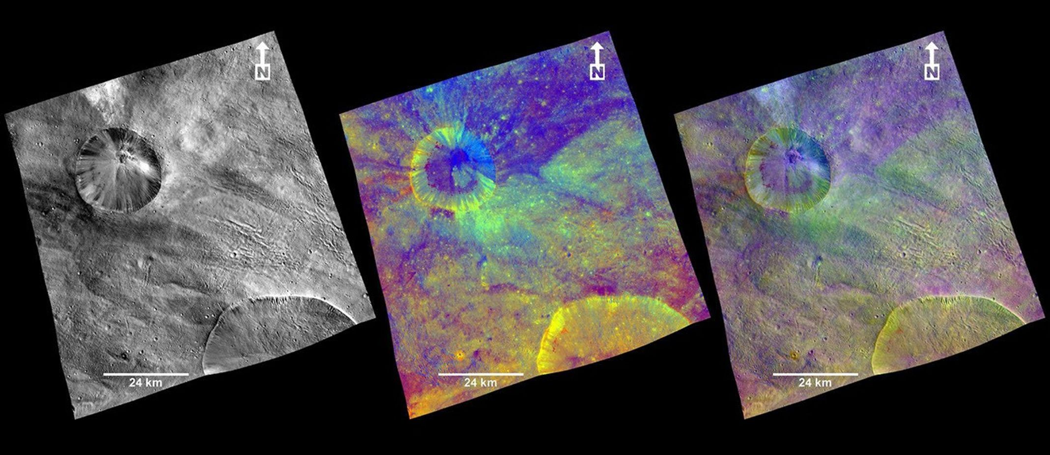 These composite images from NASA's Dawn spacecraft show three views of a terrain with ridges and grooves near Aquilia crater in the southern hemisphere of the giant asteroid Vesta.