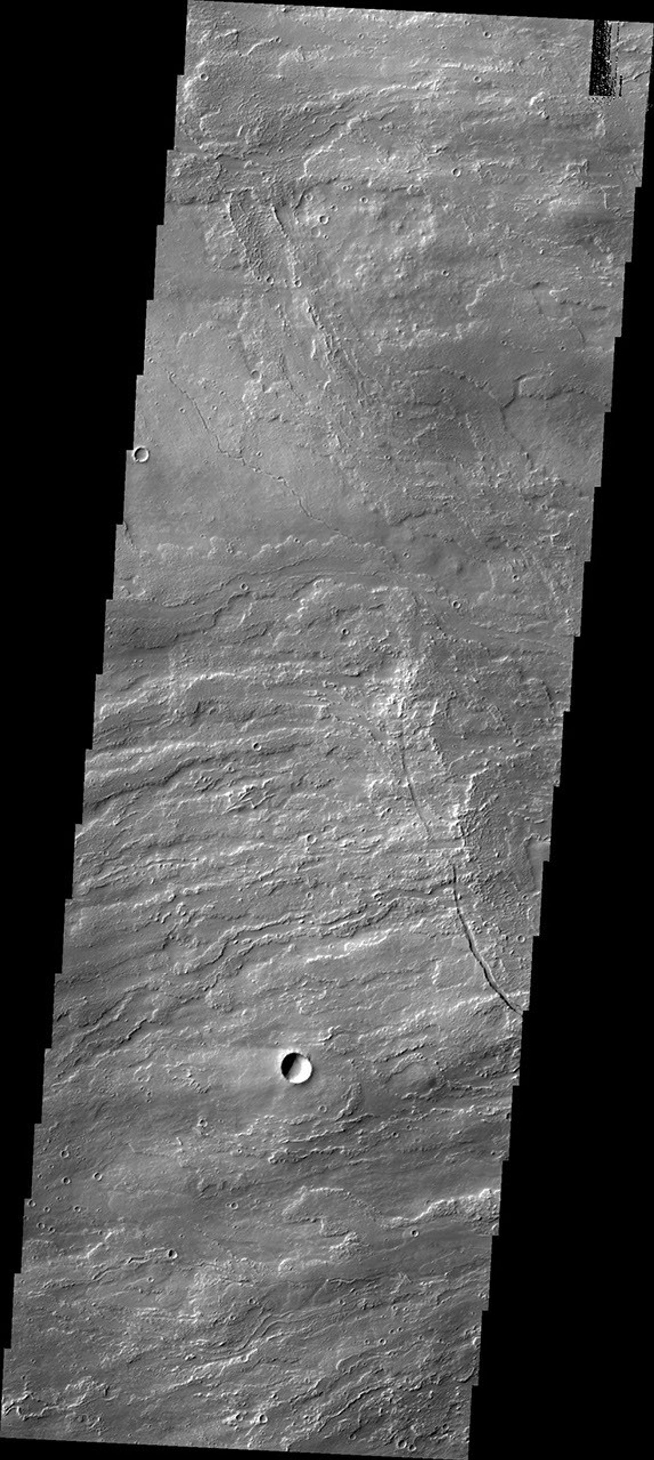This image captured by NASA's 2001 Mars Odyssey spacecraft shows volcanic flows from Arsia Mons, the southernmost of the Tharsis volcanoes.