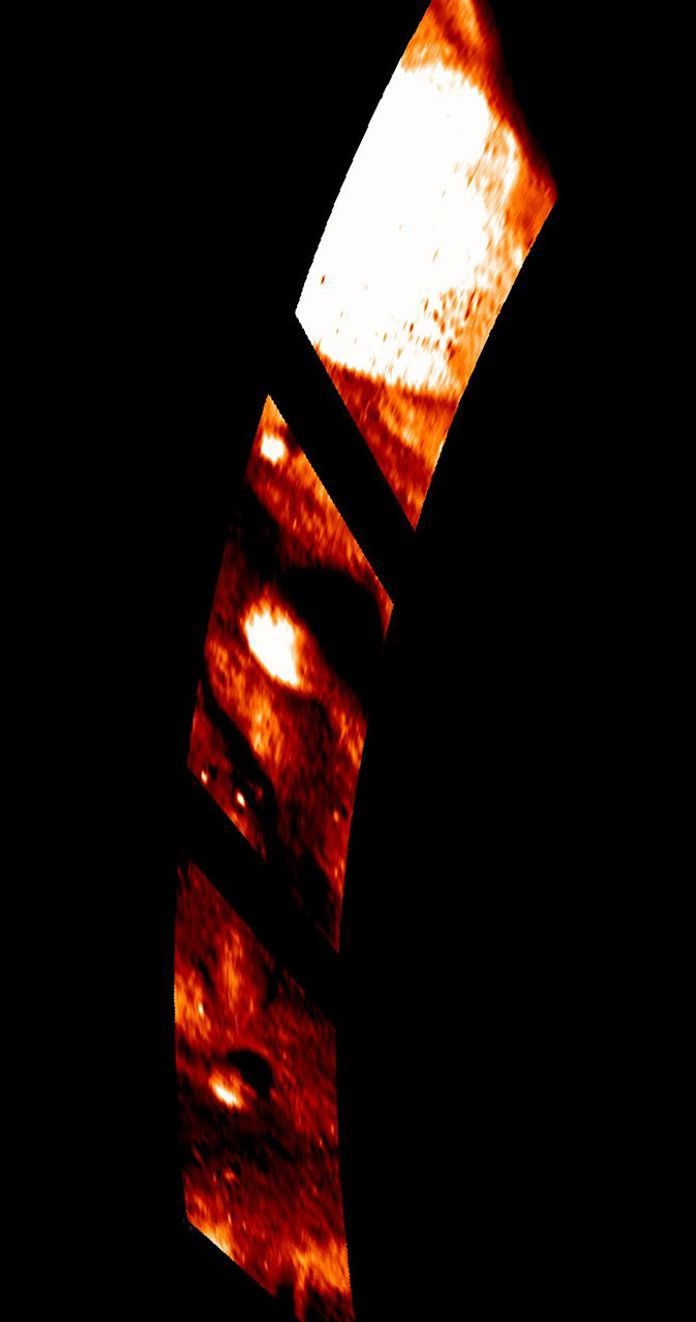 This colorized image from the visible and infrared mapping spectrometer onboard NASA's Dawn spacecraft shows temperature variations at Tarpeia crater, near the south pole of the giant asteroid Vesta.