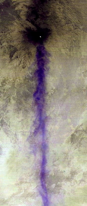 NASA's Terra spacecraft shows Popocatepetl, the nearly 18.000-foot-high volcano about 40 miles southeast of Mexico City, continuing to spew water vapor, gas, ashes and glowing rocks from its latest eruption, which started in mid-April 2012.