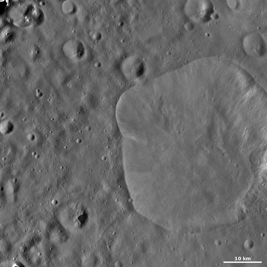 This image from NASA's Dawn spacecraft of asteroid Vesta shows Lepida crater, located in Vesta's Floronia quadrangle, in Vesta's northern hemisphere.