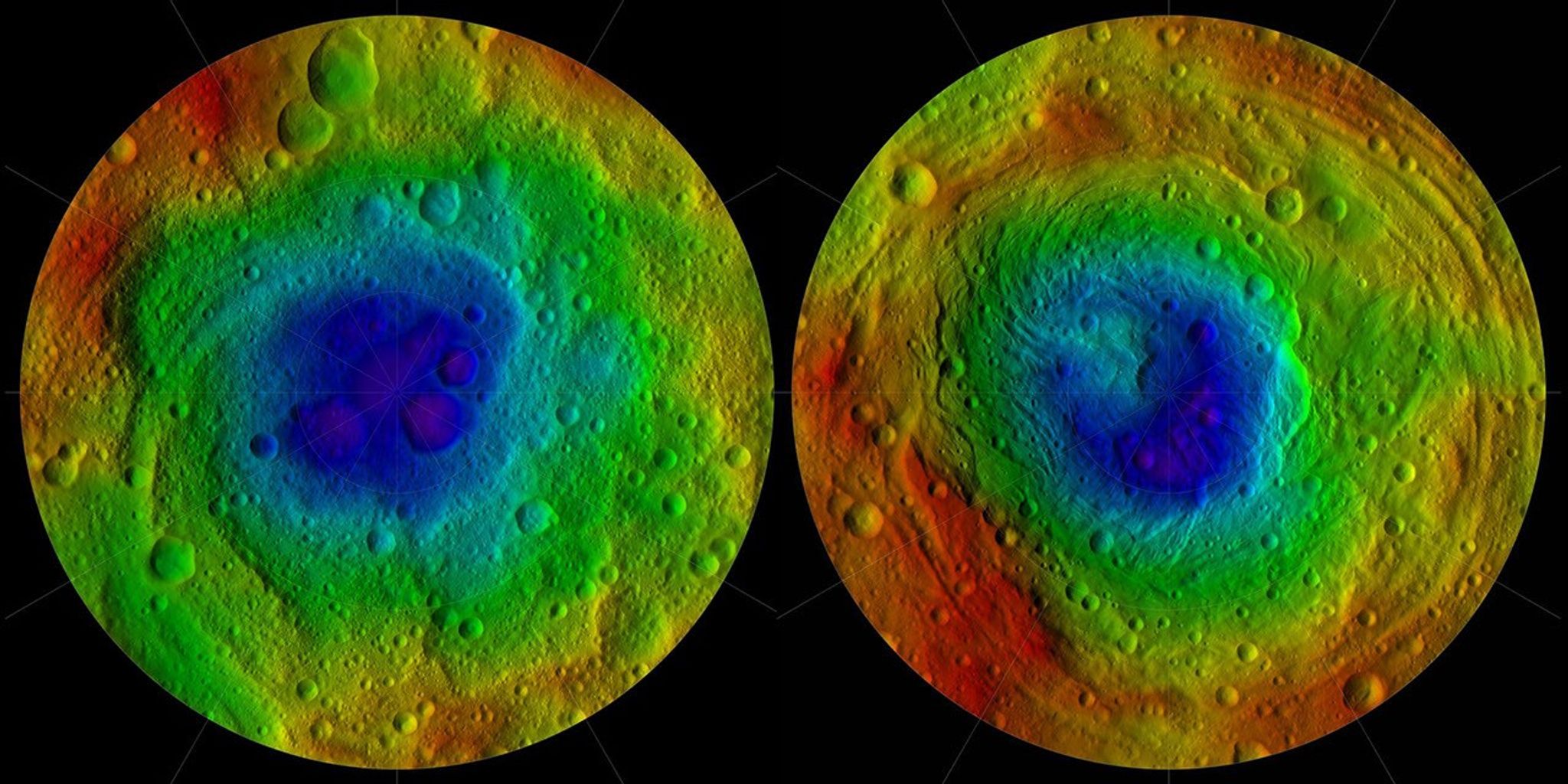 This image from NASA's Dawn mission shows the topography of the northern and southern hemispheres of the giant asteroid Vesta, updated with pictures obtained during Dawn's last look back.