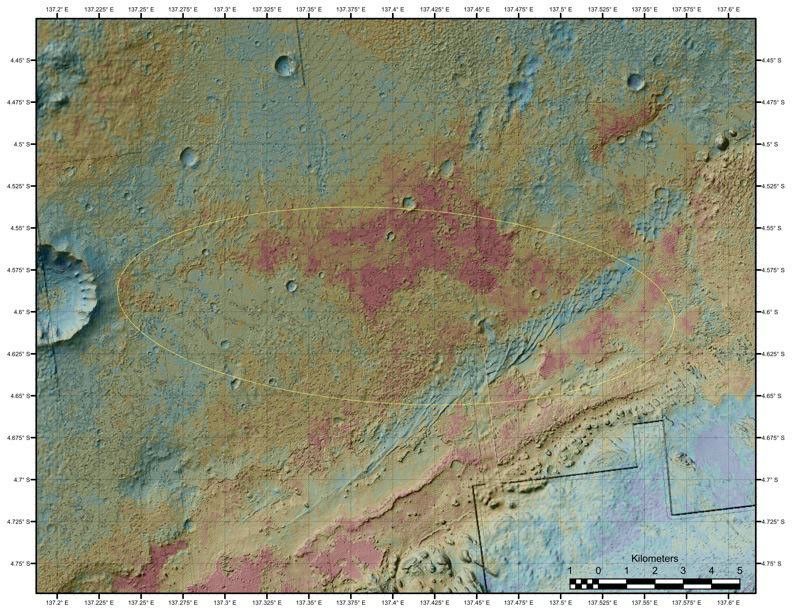 The area where NASA's Curiosity rover will land on Aug. 5 PDT (Aug. 6 EDT) has a geological diversity that scientists are eager to investigate, as seen in this false-color map based on data from NASA's Mars Odyssey orbiter.