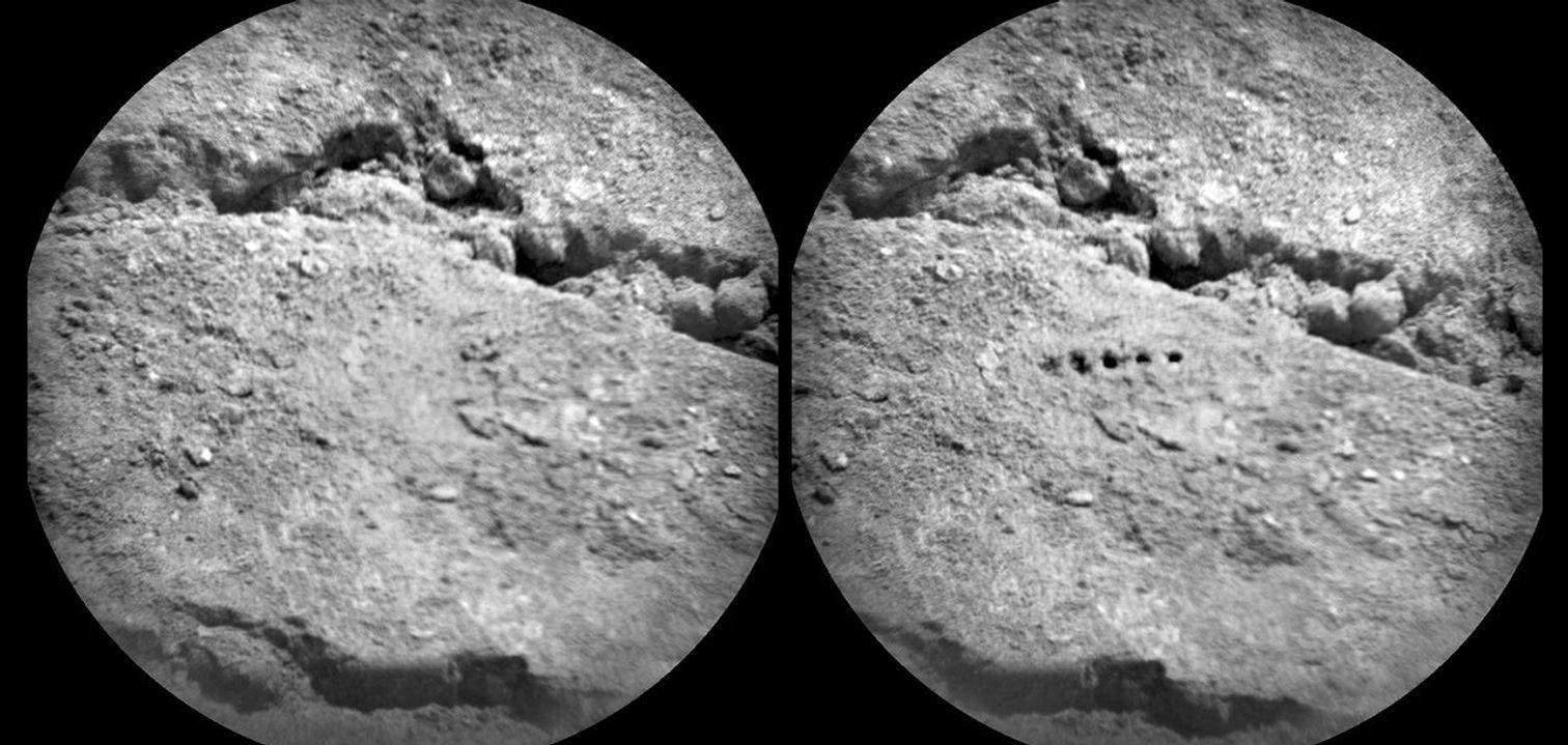 The Chemistry and Camera (ChemCam) instrument on NASA's Mars rover Curiosity used its laser to examine side-by-side points in a target patch of soil, leaving the marks apparent in this before-and-after comparison.