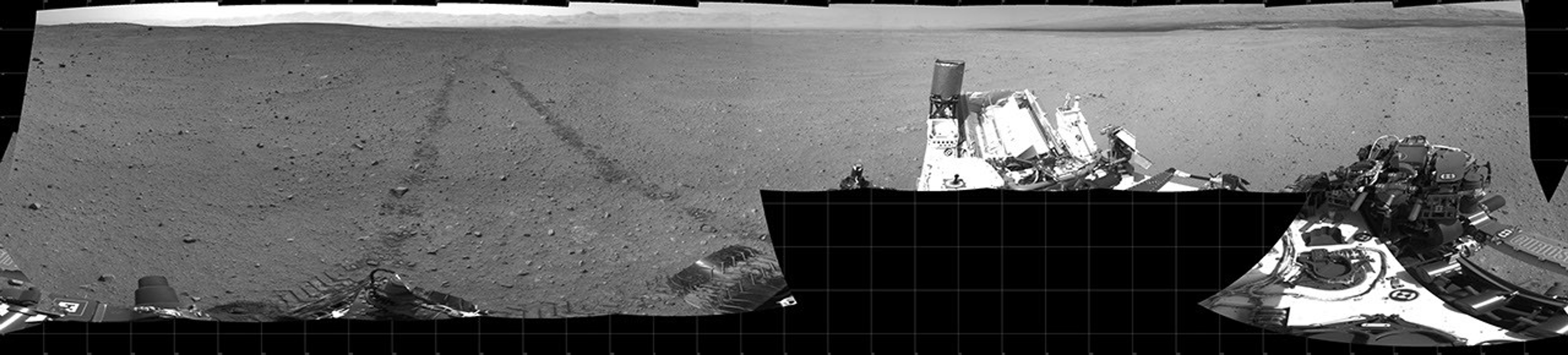 This scene shows the surroundings of the location where NASA's Mars rover Curiosity arrived on the 29th Martian day, or sol, of the rover's mission on Mars (Sept. 4, 2012).
