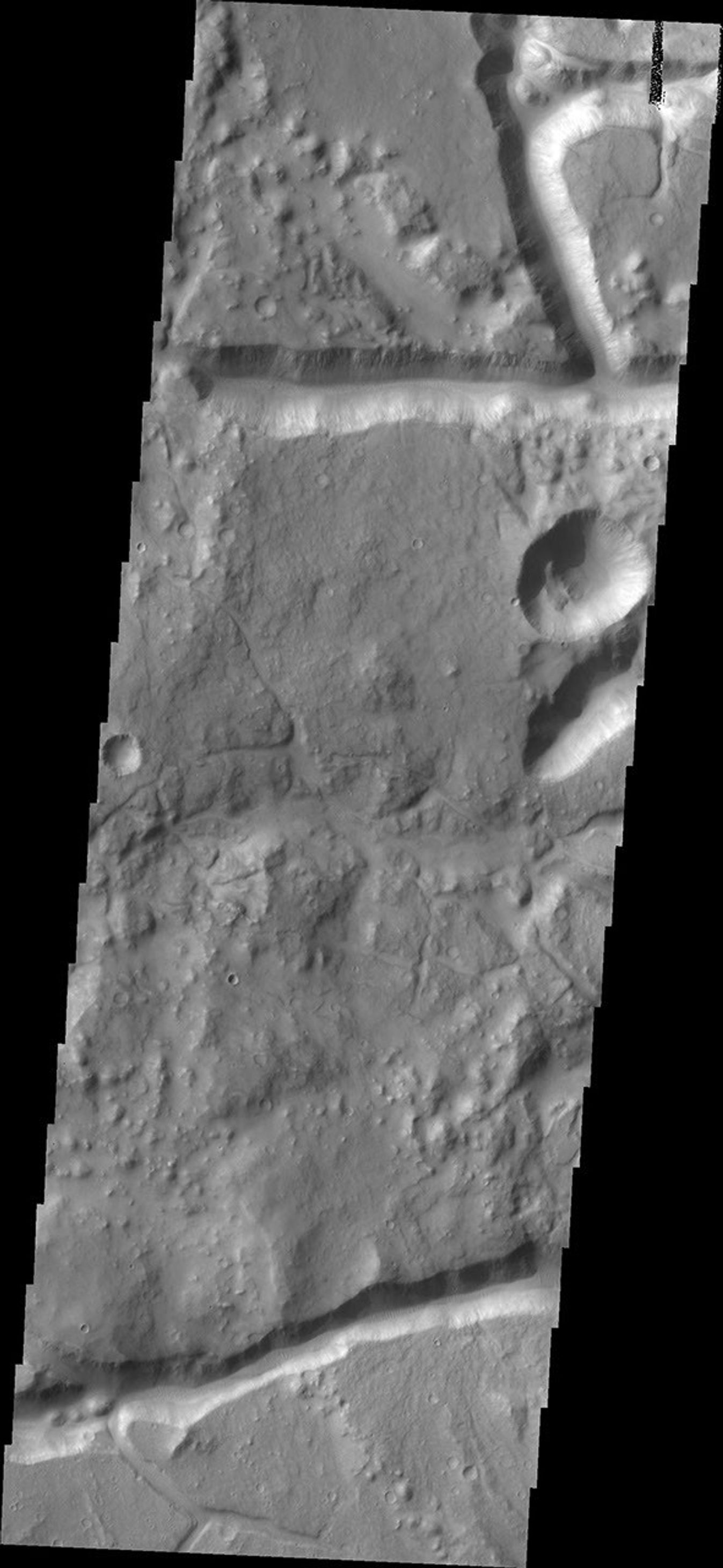 The channel-like features in image captured by NASA's 2001 Mars Odyssey spacecraft are fracture sets related to the formation of Iani Chaos, which occurs directly north of the image.