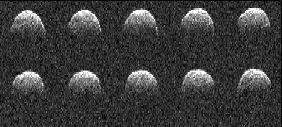 This radar image of asteroid 1999 RQ36 was obtained NASA's Deep Space Network antenna in Goldstone, Calif. on Sept 23, 1999. NASA detects, tracks and characterizes asteroids and comets passing close to Earth using both ground- and space-based telescopes.