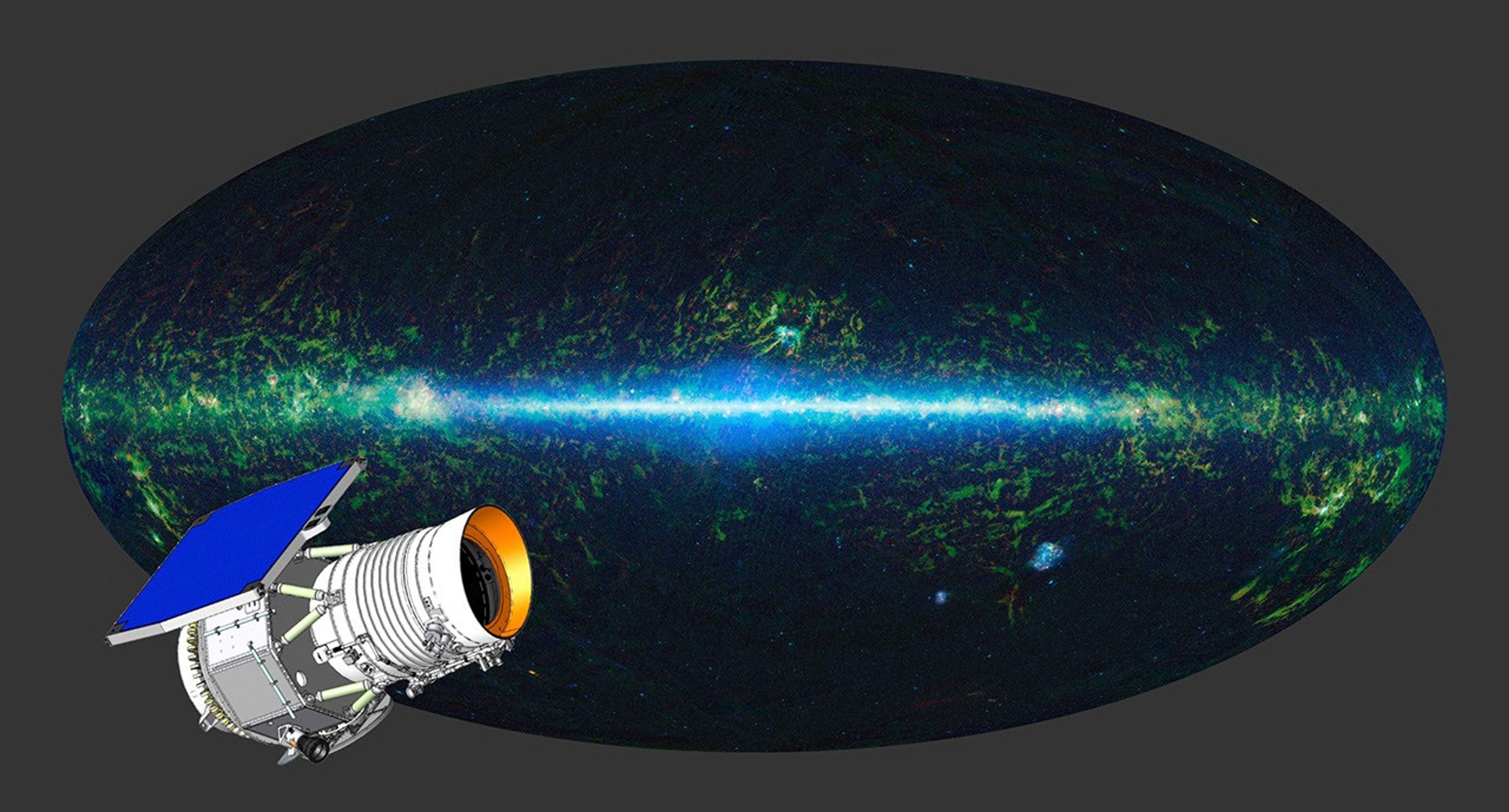 The entire sky as mapped by NASA's WISE at infrared wavelengths is shown here, with an artist's concept of the WISE satellite superimposed.