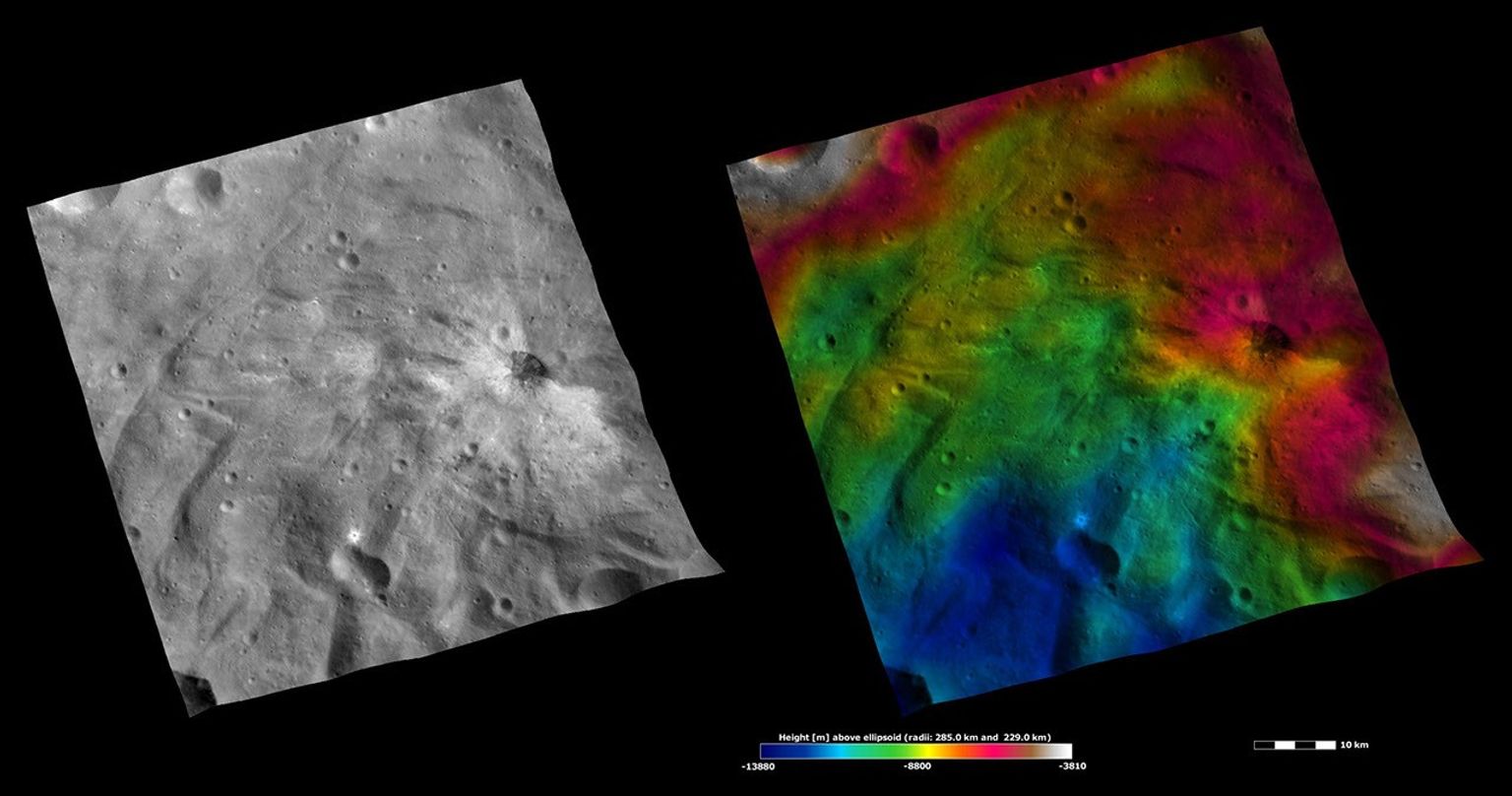 These images from NASA's Dawn spacecraft are located in asteroid Vesta's Urbinia quadrangle, in Vesta's southern hemisphere.