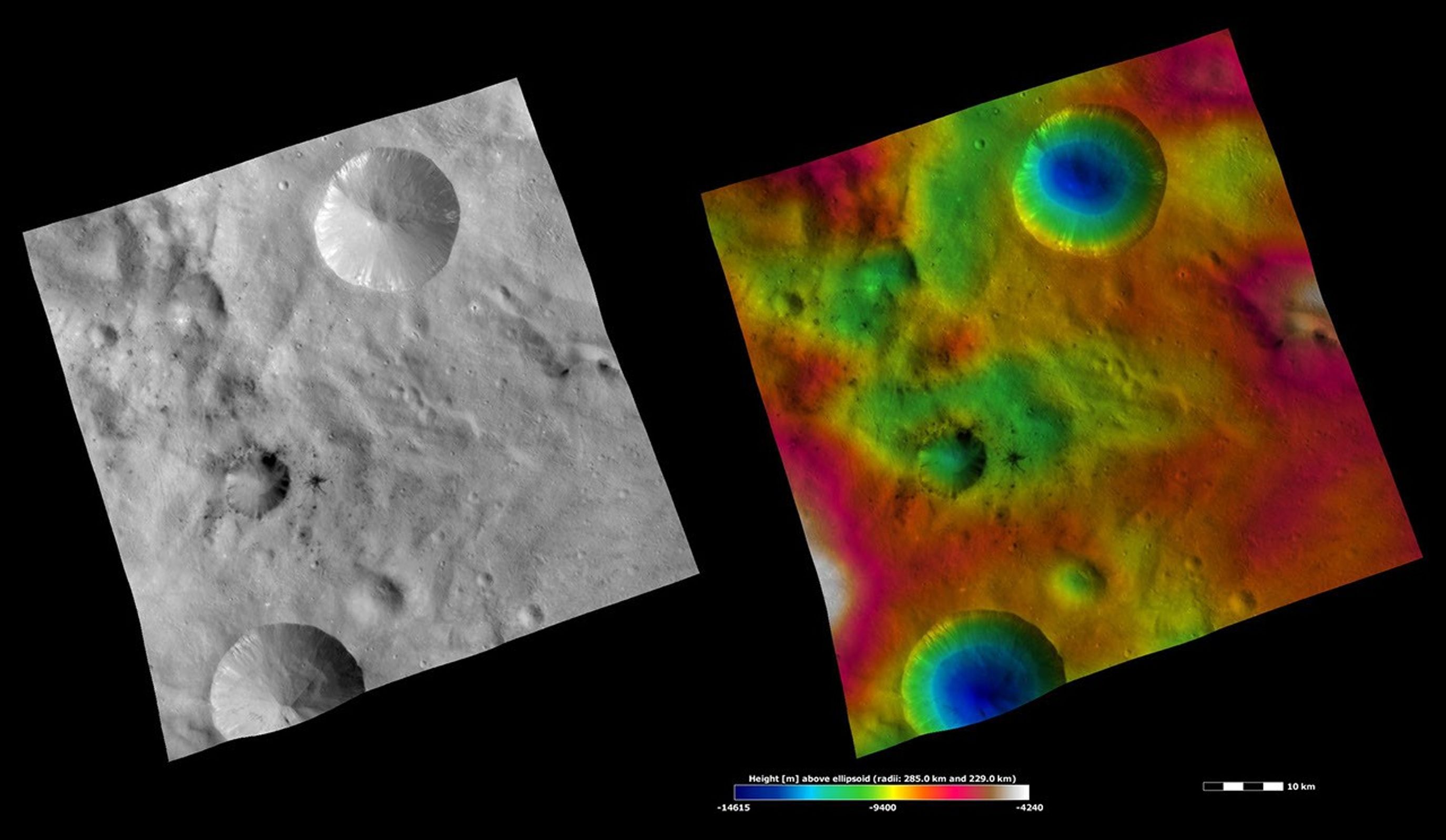 These images from NASA's Dawn spacecraft are located in asteroid Vesta's Sextilia quadrangle, in Vesta's southern hemisphere.