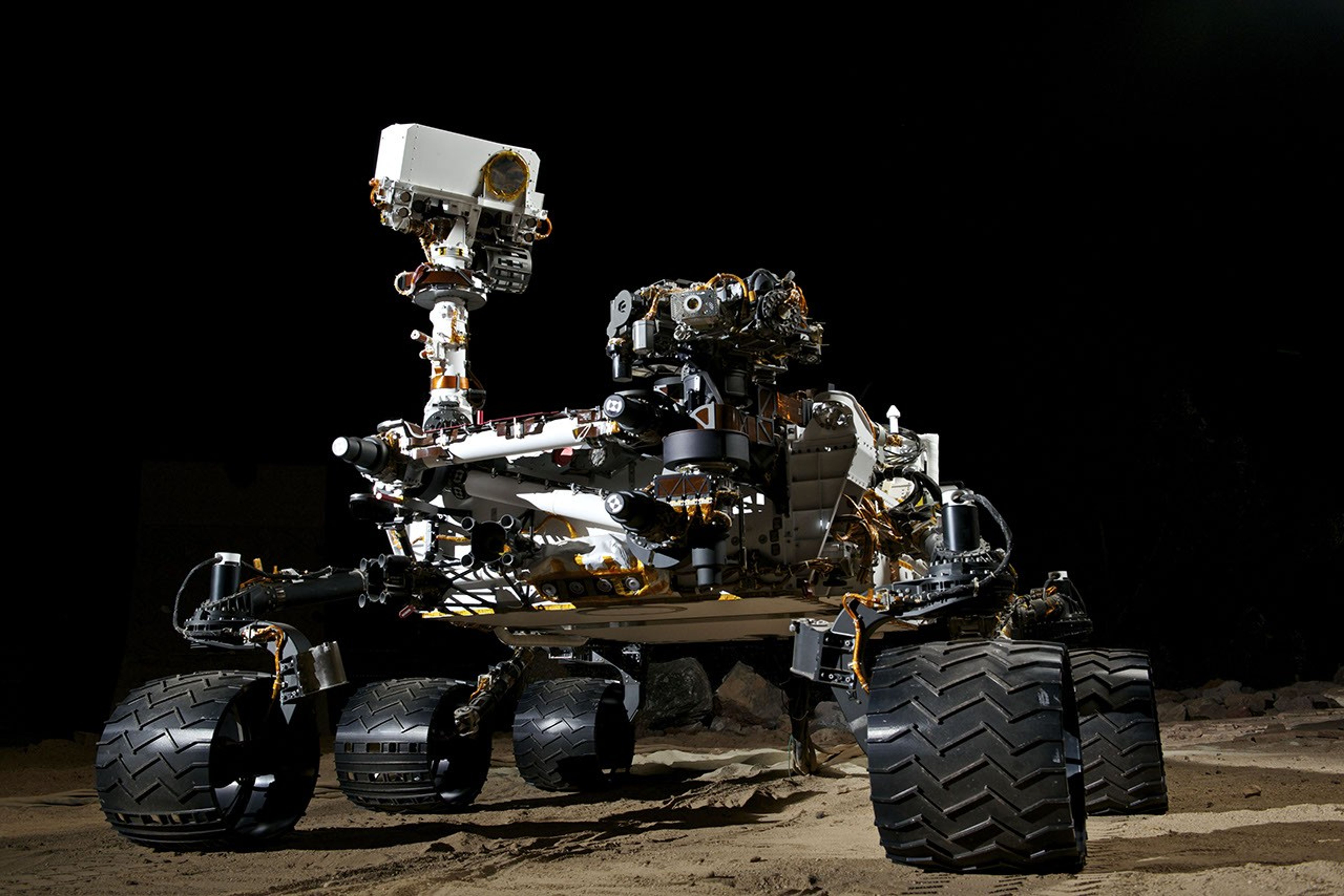This photograph shows the Vehicle System Test Bed (VSTB) rover, a nearly identical copy to NASA's Curiosity rover on Mars.