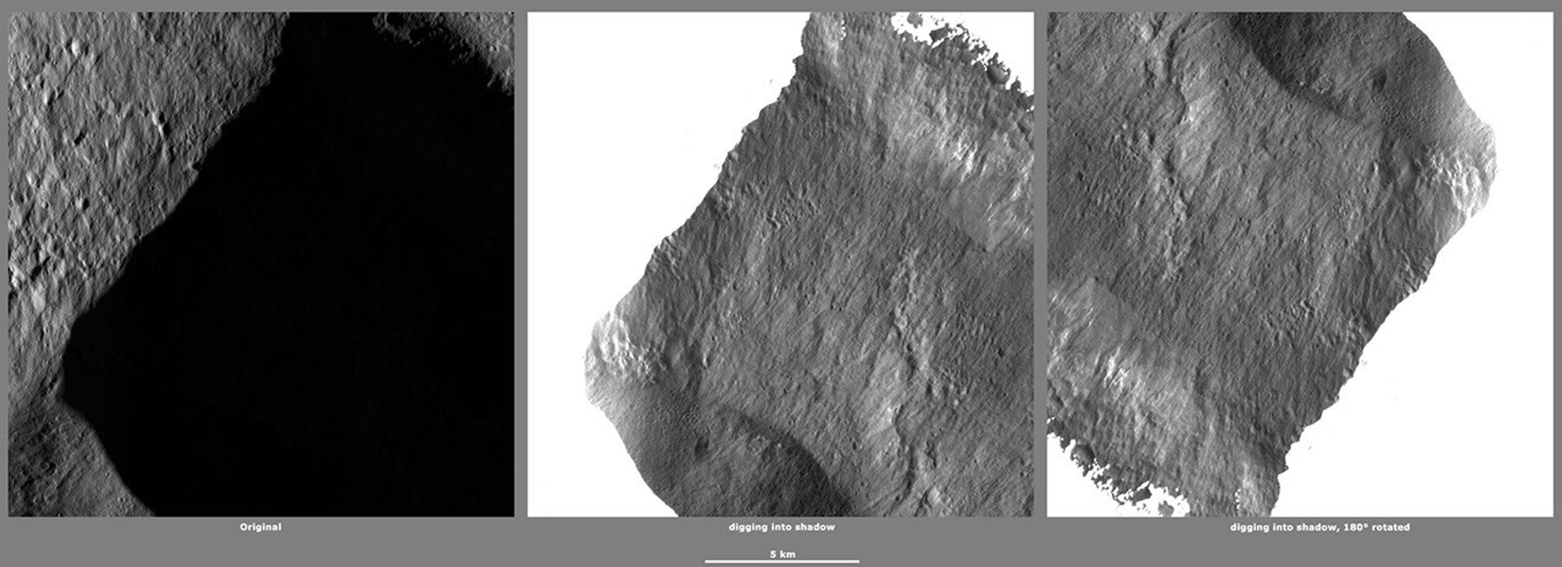 These images from NASA's Dawn spacecraft, located in asteroid Vesta's Marcia quadrangle, in Vesta's northern hemisphere, demonstrate a special analytical technique, which results in shadowed areas of Vesta's surface becoming illuminated.