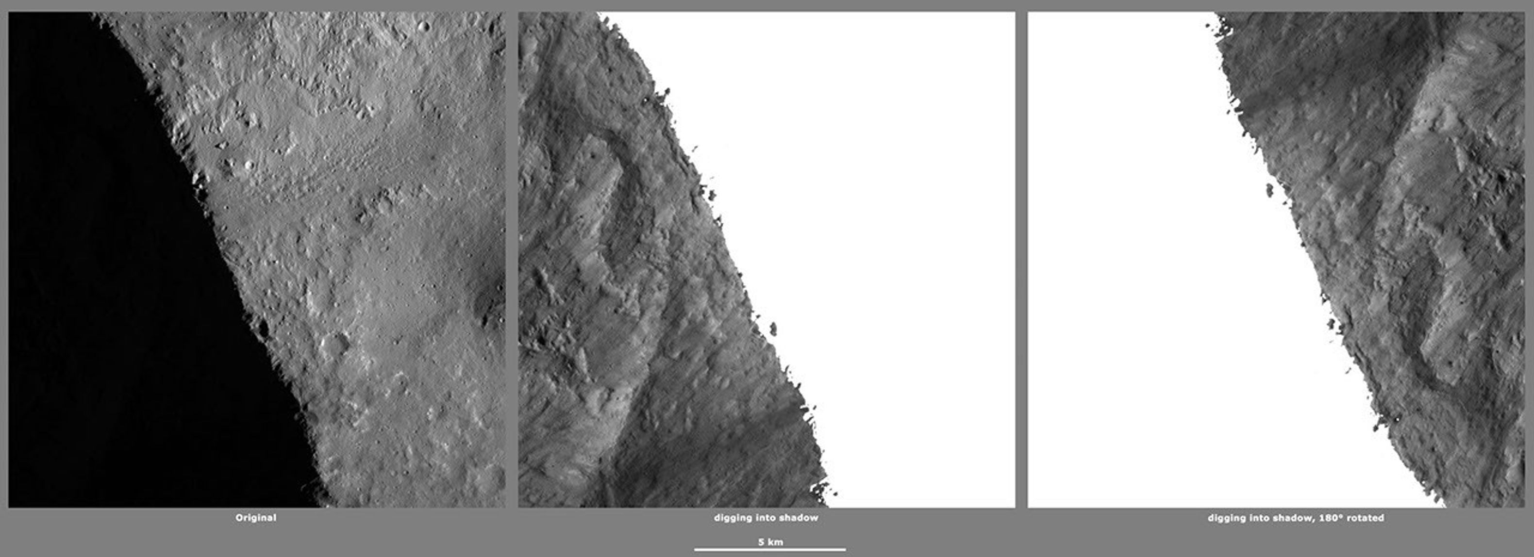These images from NASA's Dawn spacecraft, located in asteroid Vesta's Marcia quadrangle, in Vesta's northern hemisphere, demonstrate a special analytical technique, which results in shadowed areas of Vesta's surface becoming illuminated.
